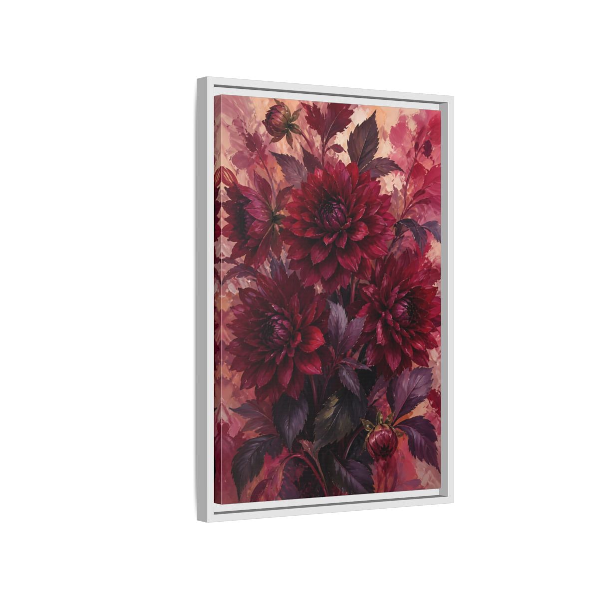 Side Mockup 1. Crimson Dahlia Bouquet shown as framed canvas print