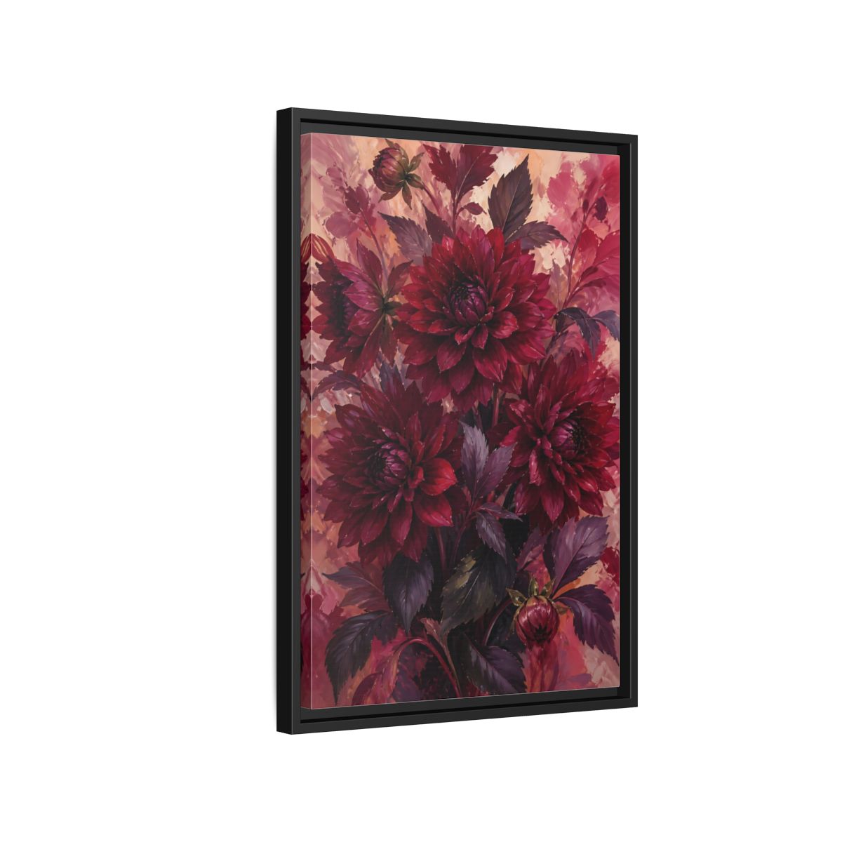 Side Mockup 3. Crimson Dahlia Bouquet shown as framed canvas print