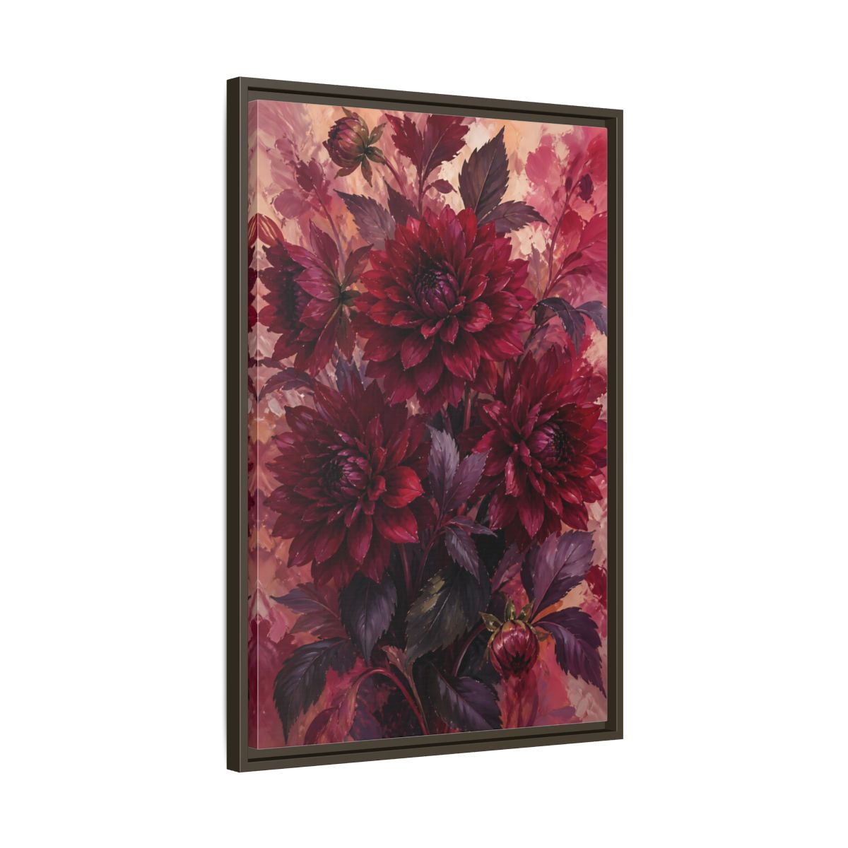 Side Mockup 11. Crimson Dahlia Bouquet shown as framed canvas print