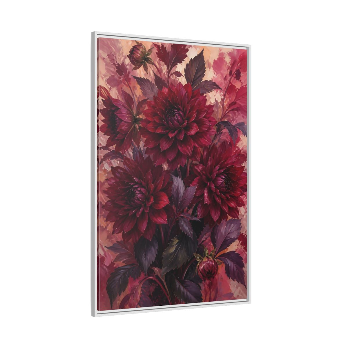 Side Mockup 7. Crimson Dahlia Bouquet shown as framed canvas print