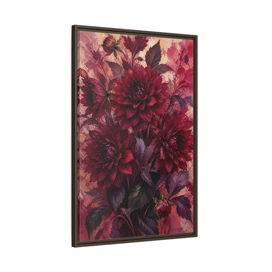 Main Mockup. Crimson Dahlia Bouquet shown as framed canvas print
