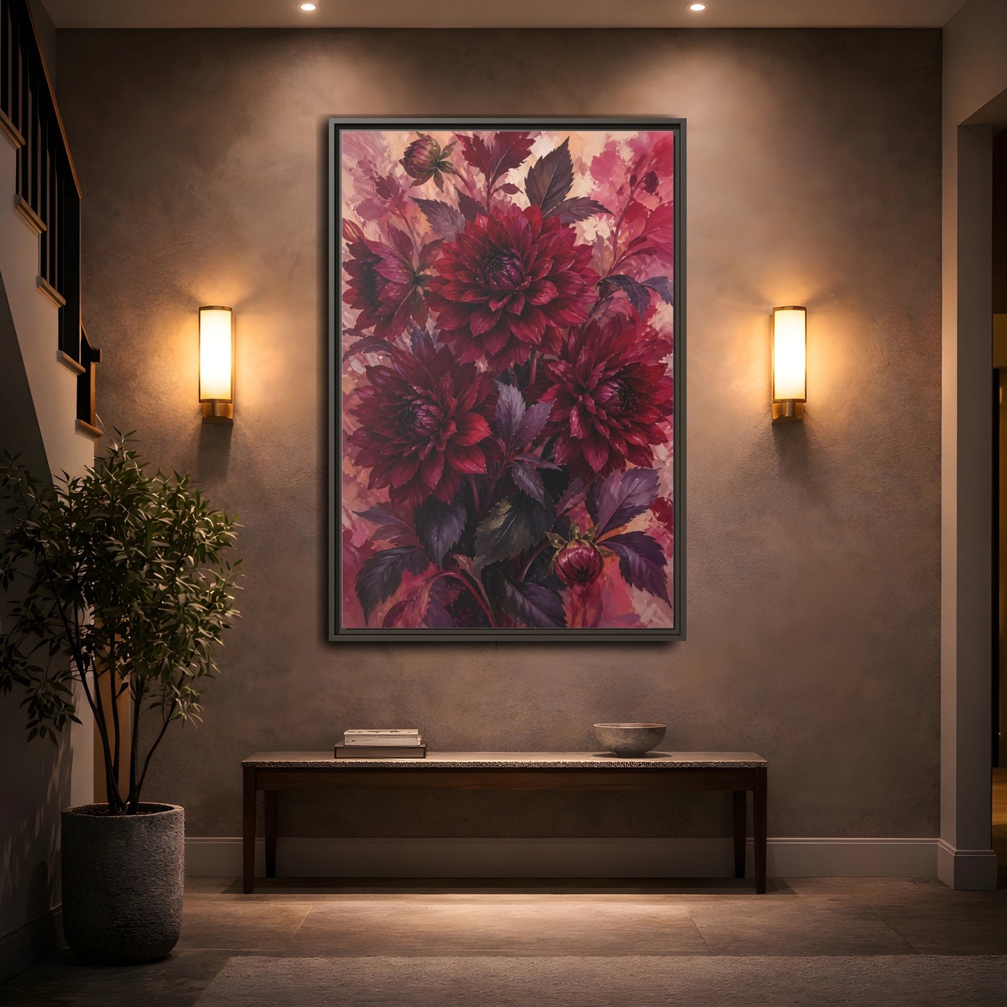 Mockup 2. Crimson Dahlia Bouquet shown as framed canvas print