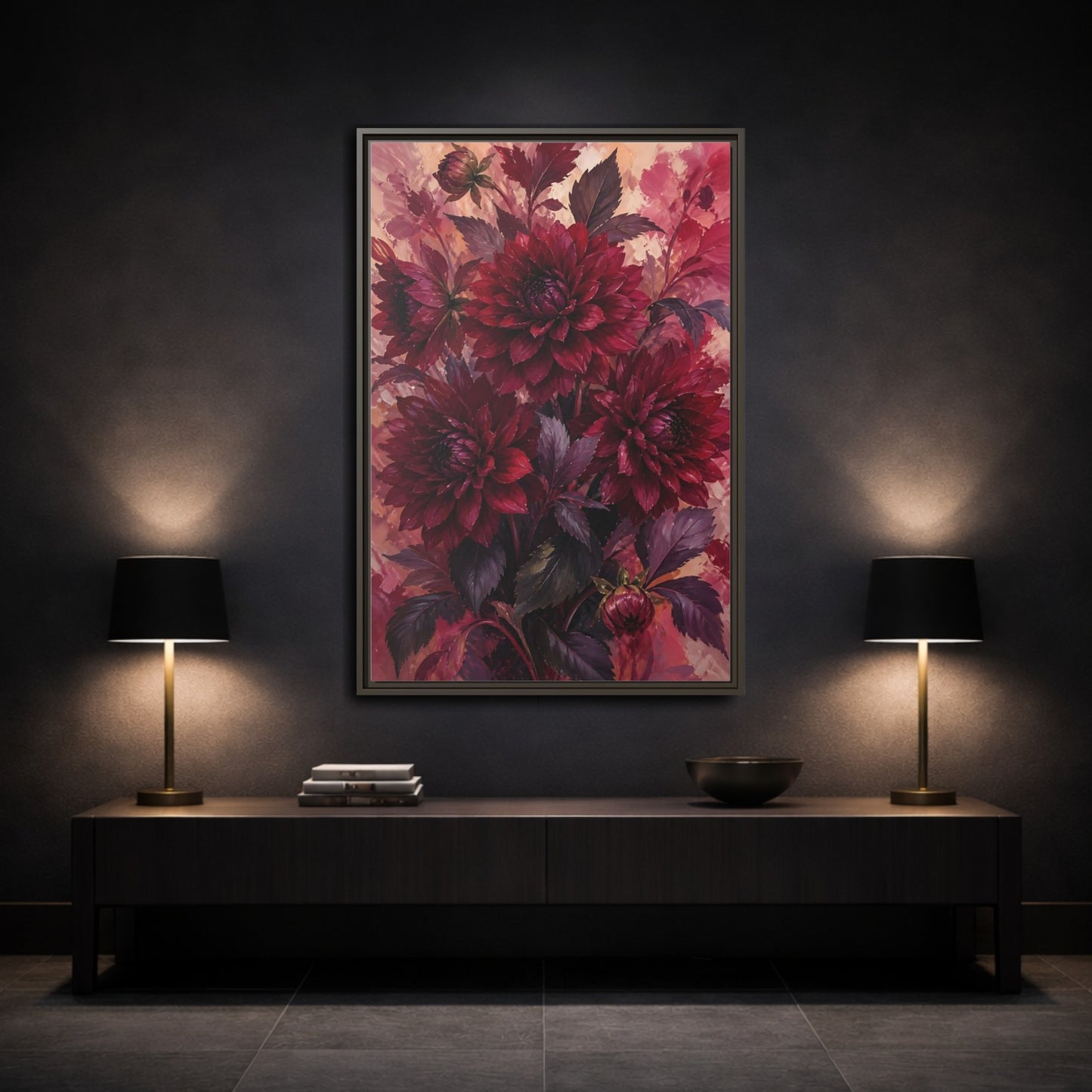 Mockup 3. Crimson Dahlia Bouquet shown as framed canvas print