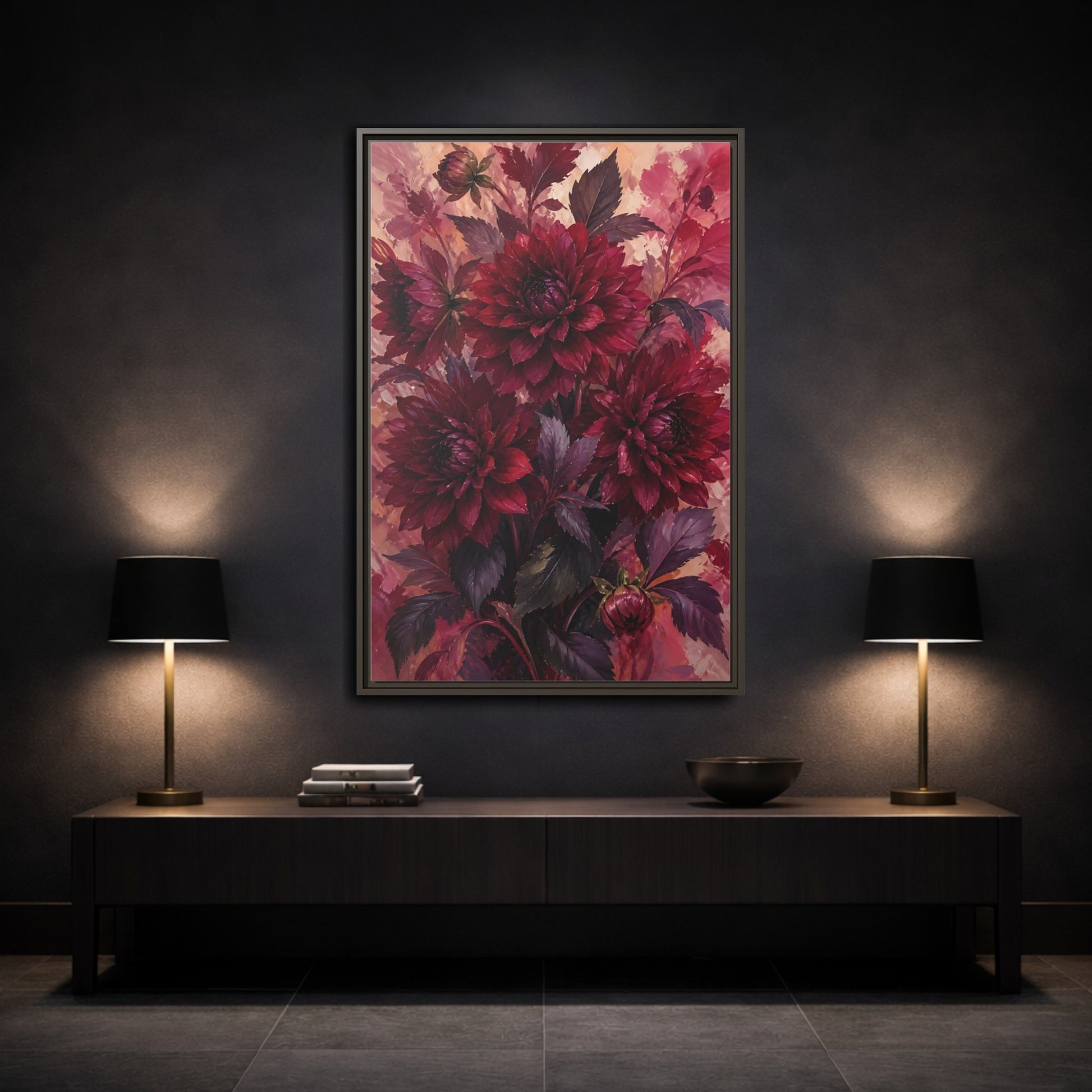 Mockup 3. Crimson Dahlia Bouquet shown as framed canvas print