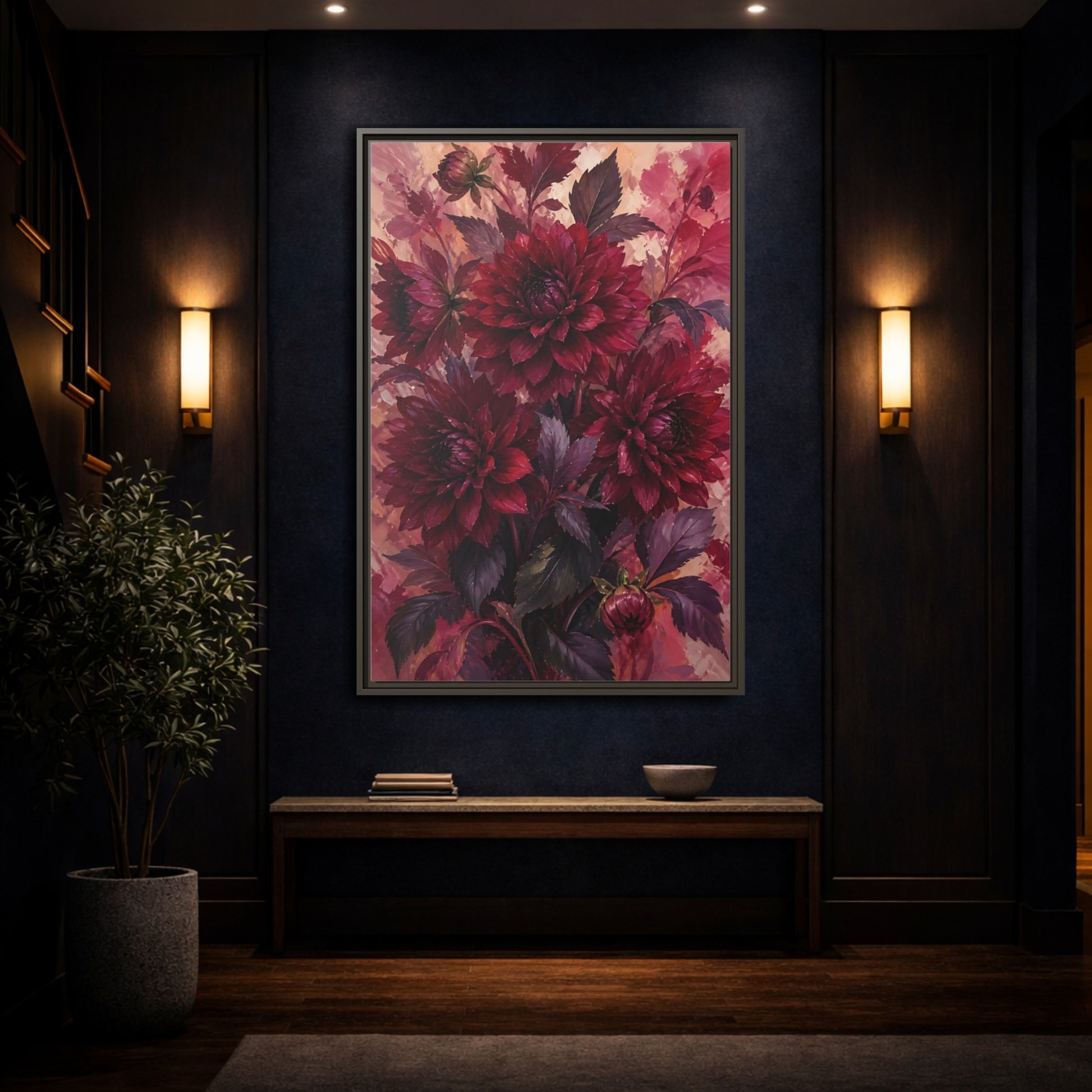Mockup 4. Crimson Dahlia Bouquet shown as framed canvas print