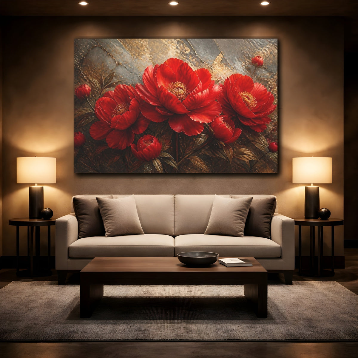 Mockup 2. Crimson Floral Peony shown as canvas print