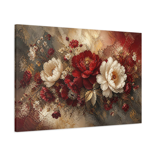 Main Mockup. Crimson Ivory Peony Bouquet shown as canvas print