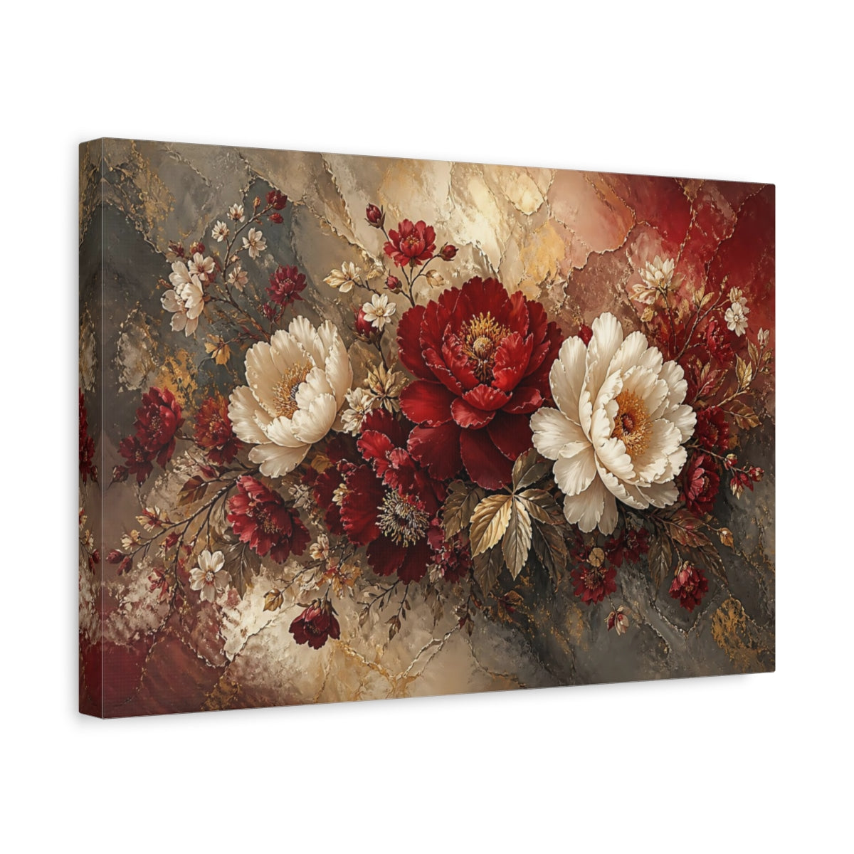 Side Mockup 4. Crimson Ivory Peony Bouquet shown as canvas print