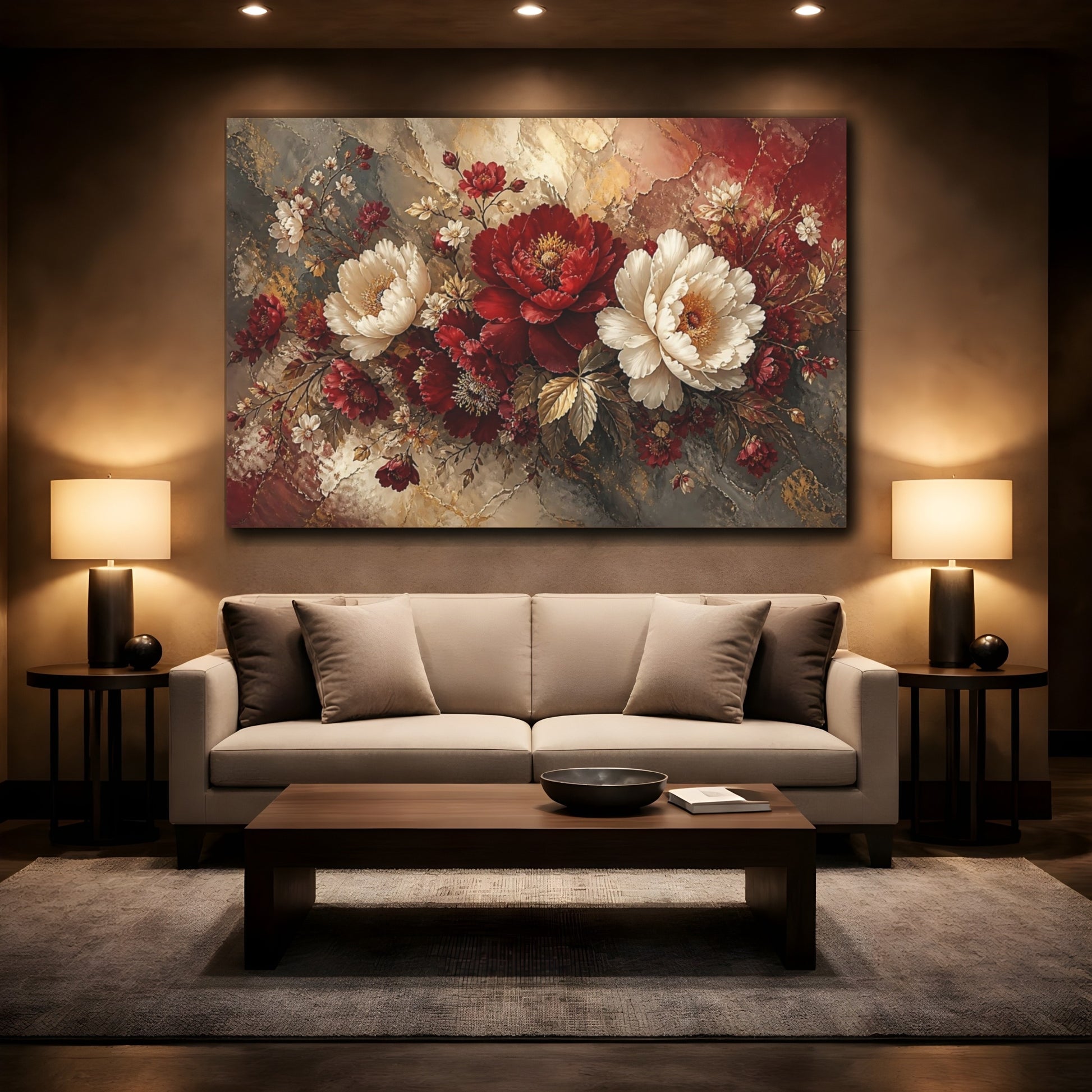 Mockup 2. Crimson Ivory Peony Bouquet shown as canvas print