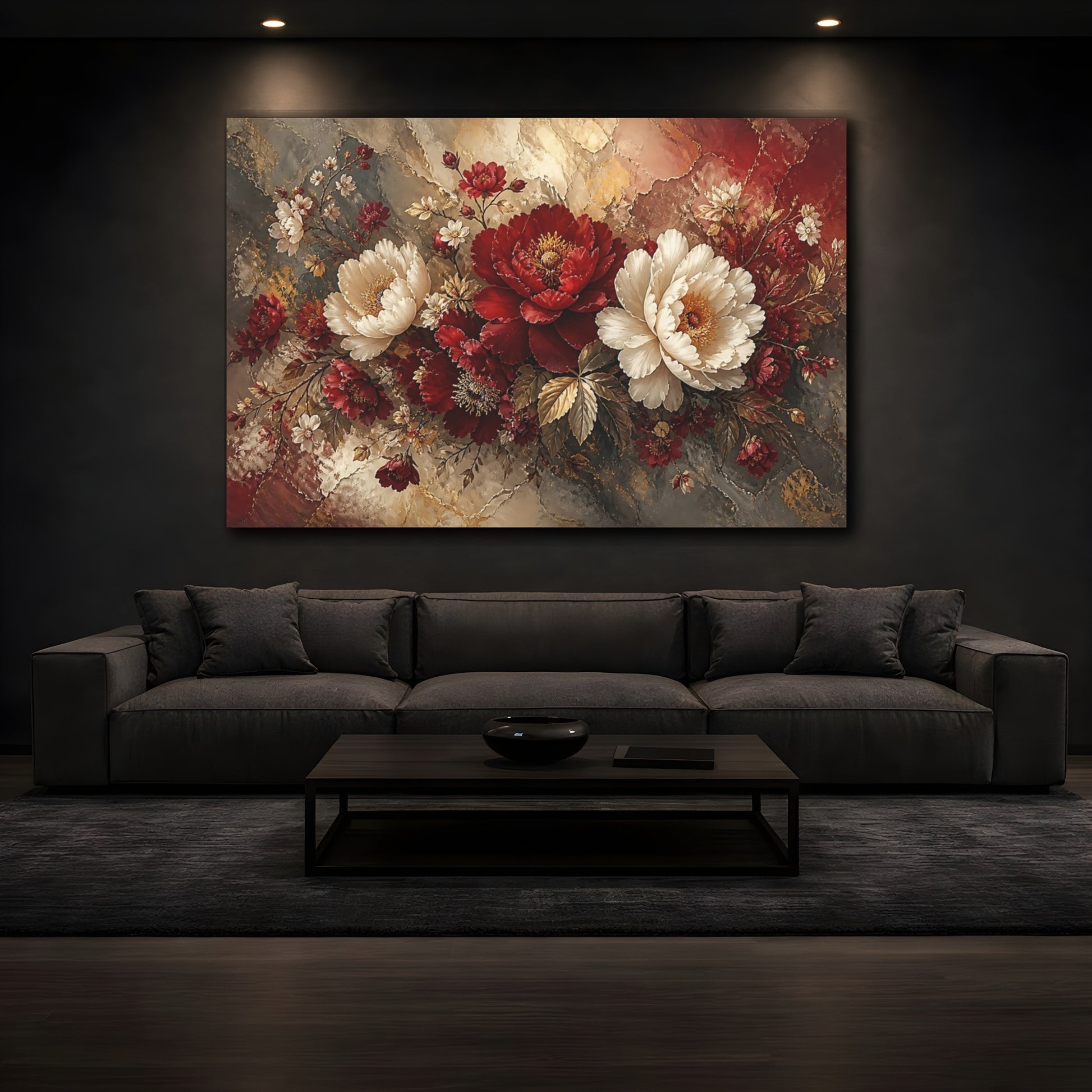 Mockup 3. Crimson Ivory Peony Bouquet shown as canvas print