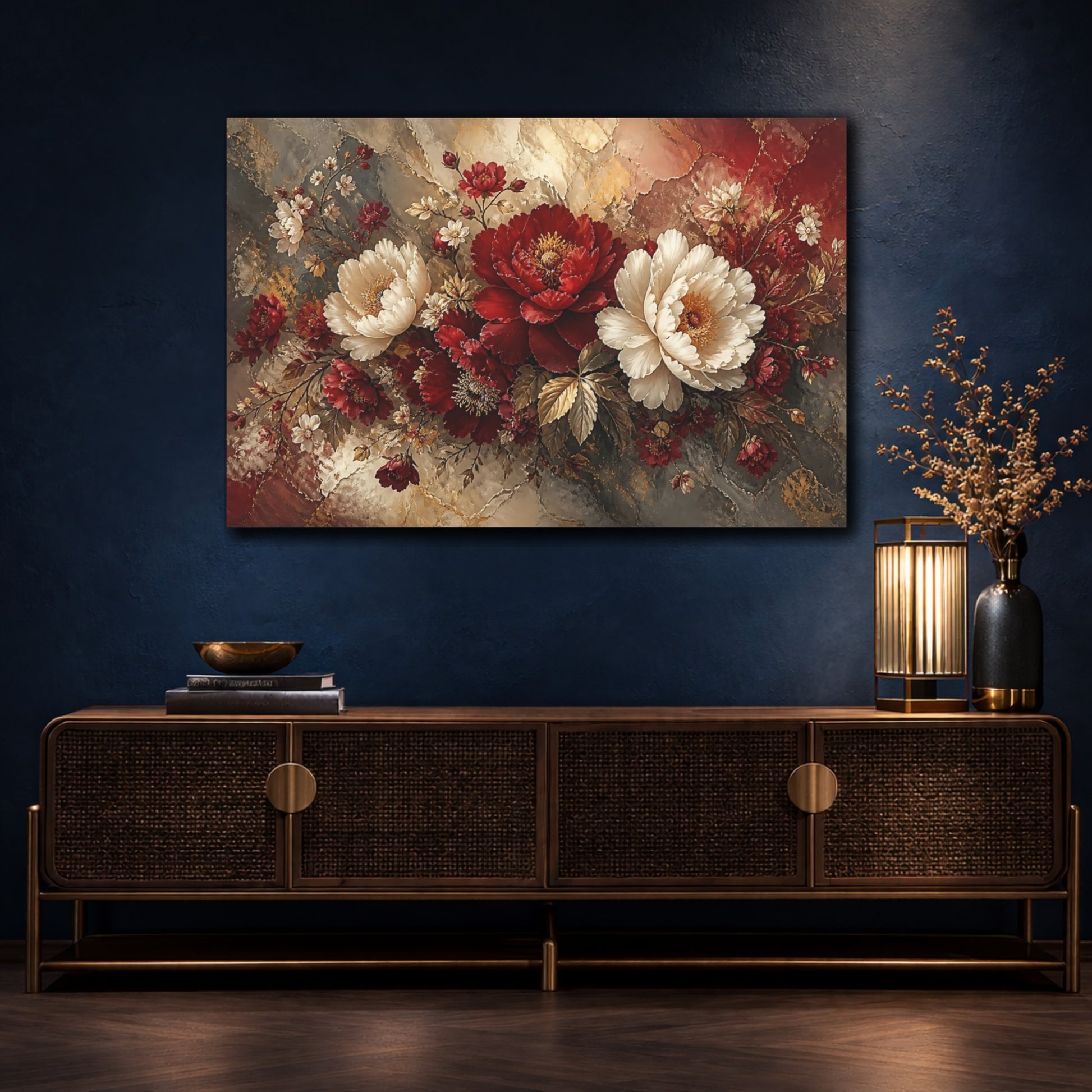 Mockup 4. Crimson Ivory Peony Bouquet shown as canvas print