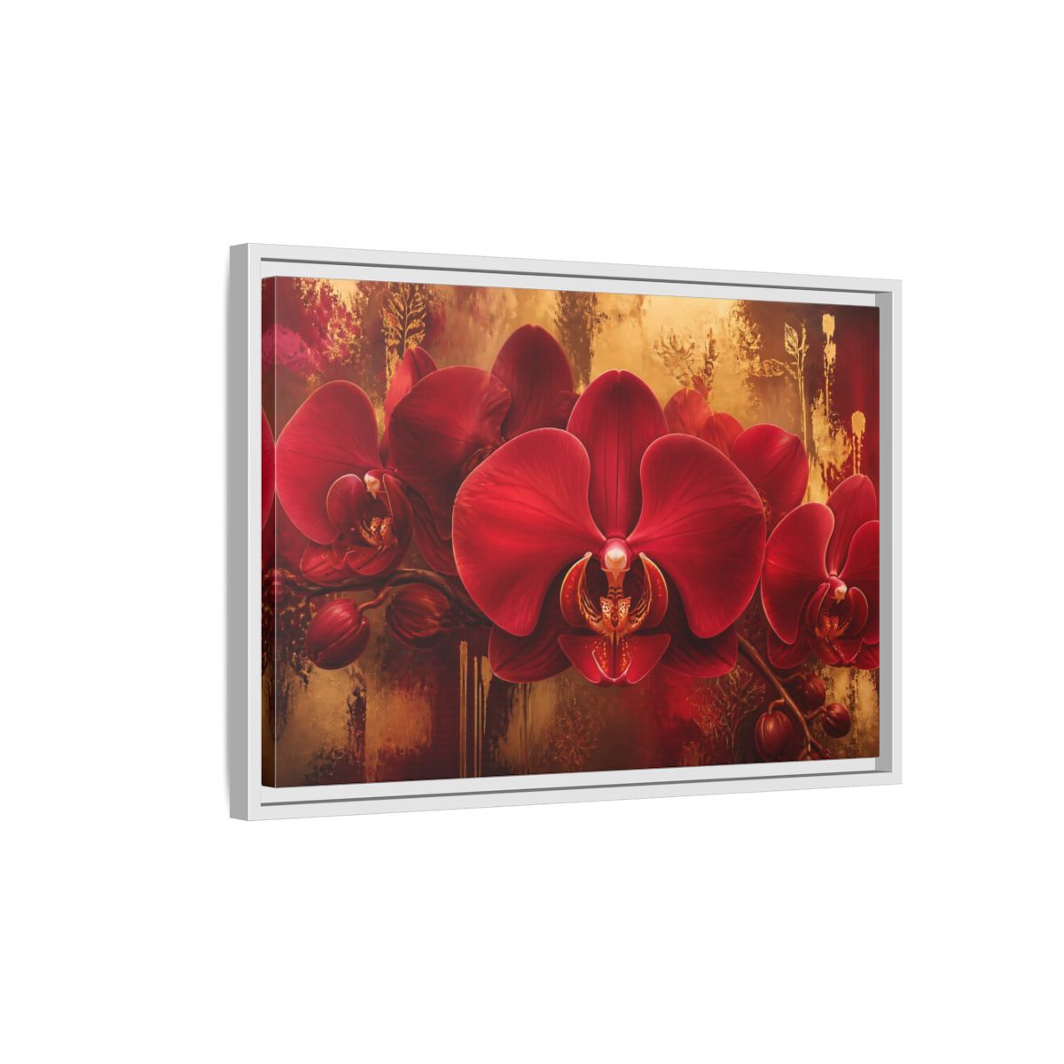 Side Mockup 1. Crimson Orchid Elegance shown as framed canvas print