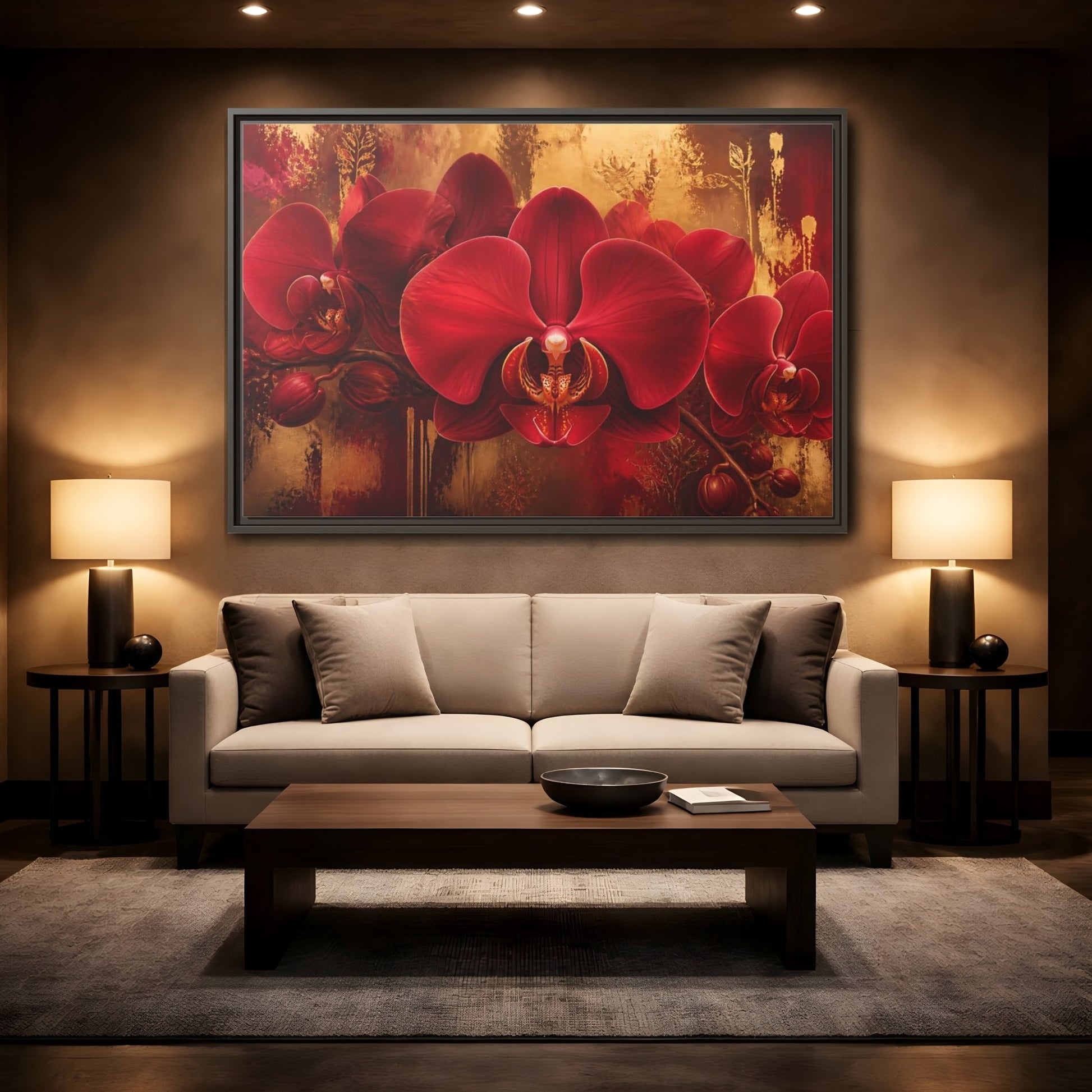 Mockup 2. Crimson Orchid Elegance shown as framed canvas print