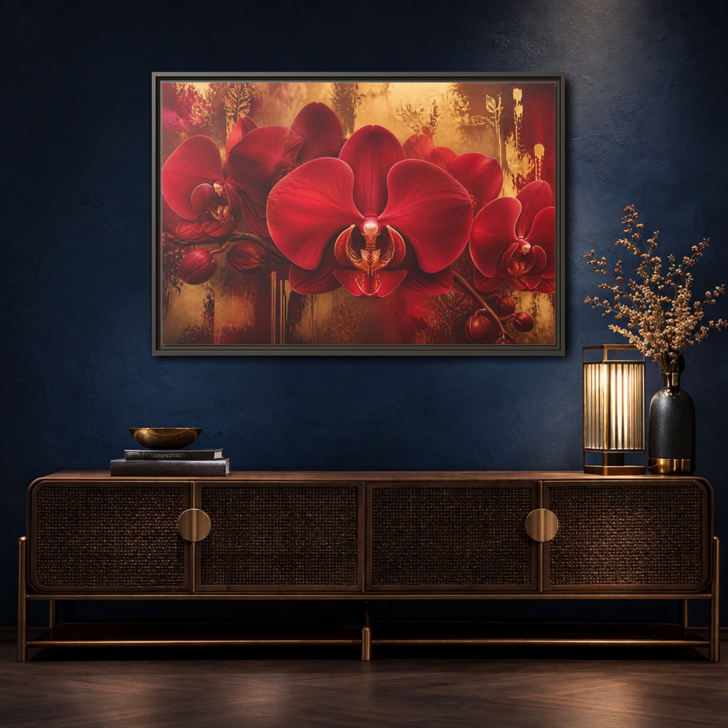 Mockup 4. Crimson Orchid Elegance shown as framed canvas print