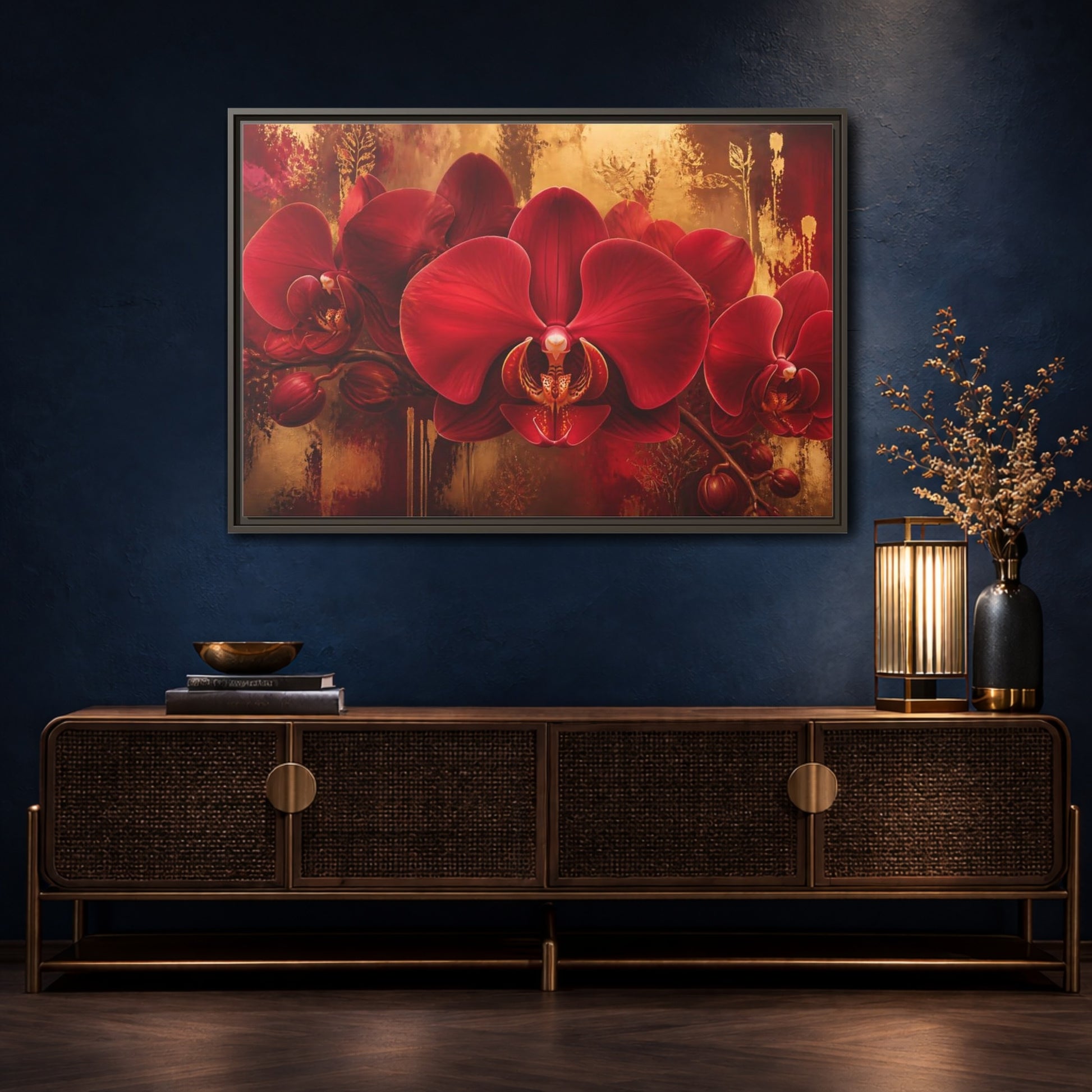 Mockup 4. Crimson Orchid Elegance shown as framed canvas print