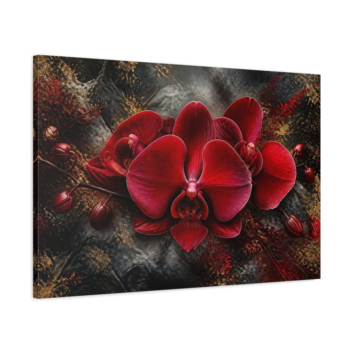 Main Mockup. Crimson Orchid Floral Majesty shown as canvas print
