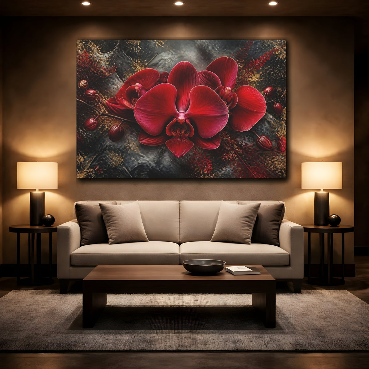 Mockup 2. Crimson Orchid Floral Majesty shown as canvas print
