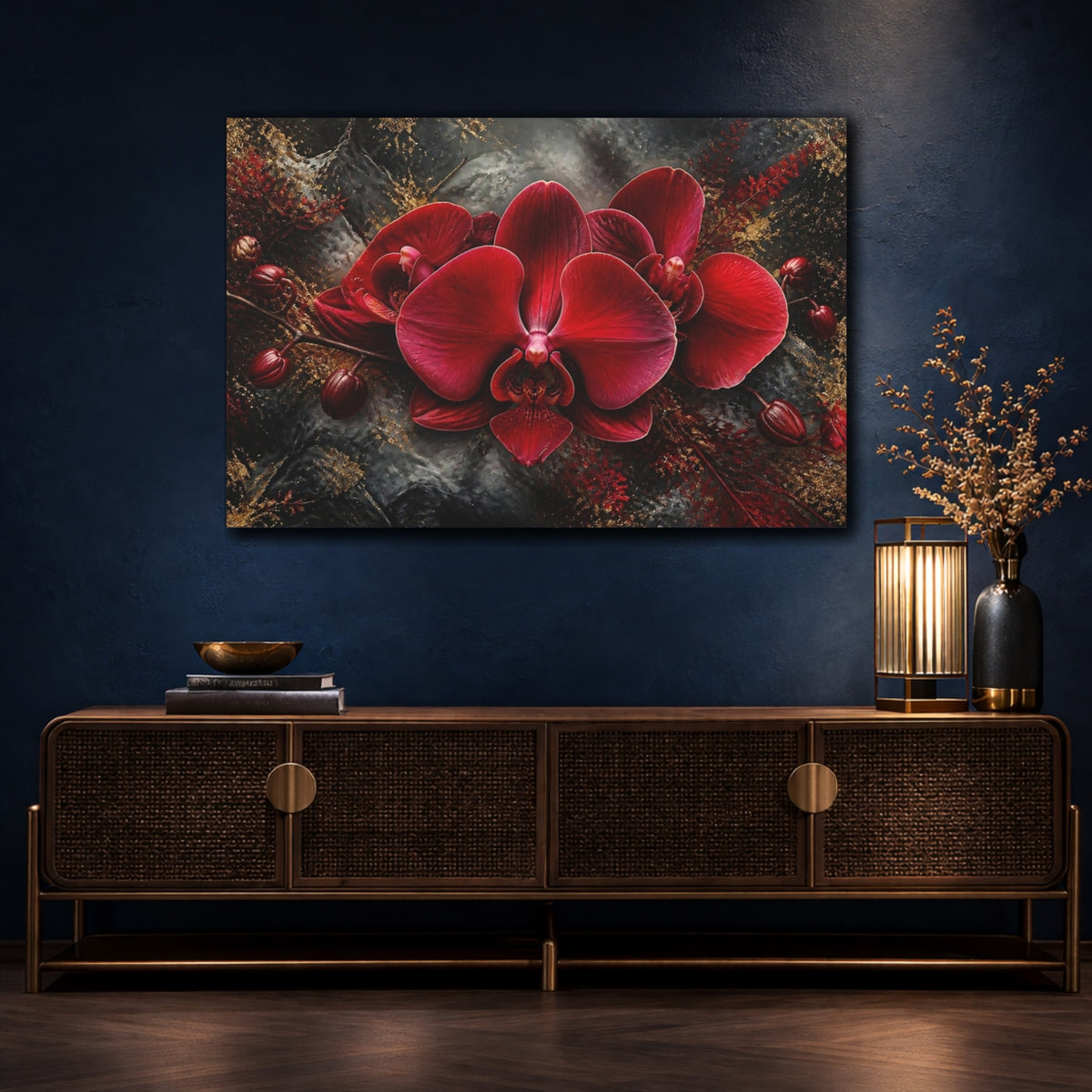 Mockup 4. Crimson Orchid Floral Majesty shown as canvas print