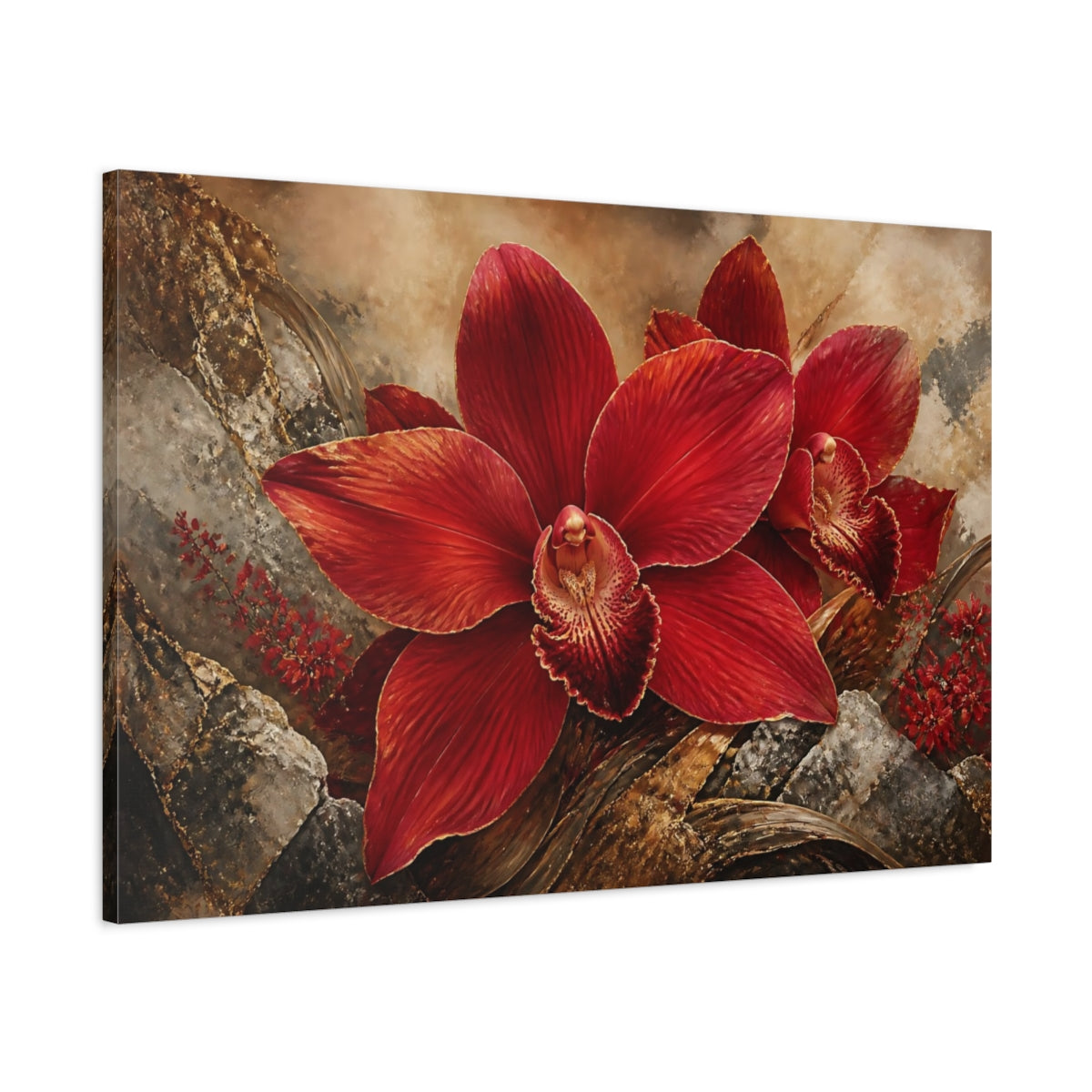 Main Mockup. Crimson Orchid On Stone shown as canvas print