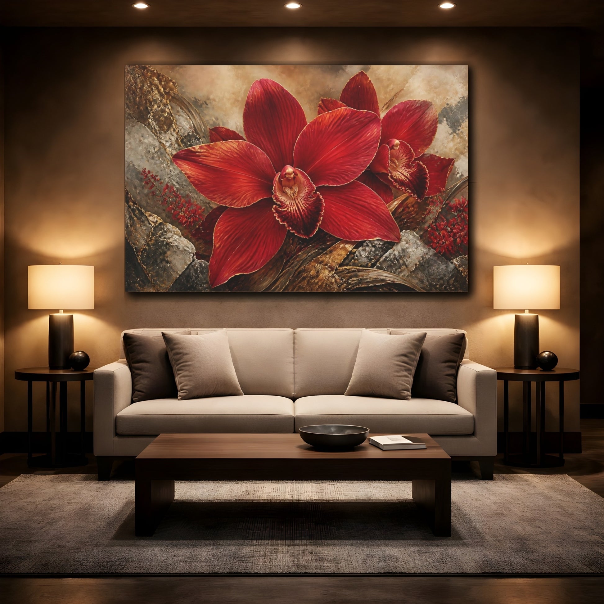 Mockup 2. Crimson Orchid On Stone shown as canvas print