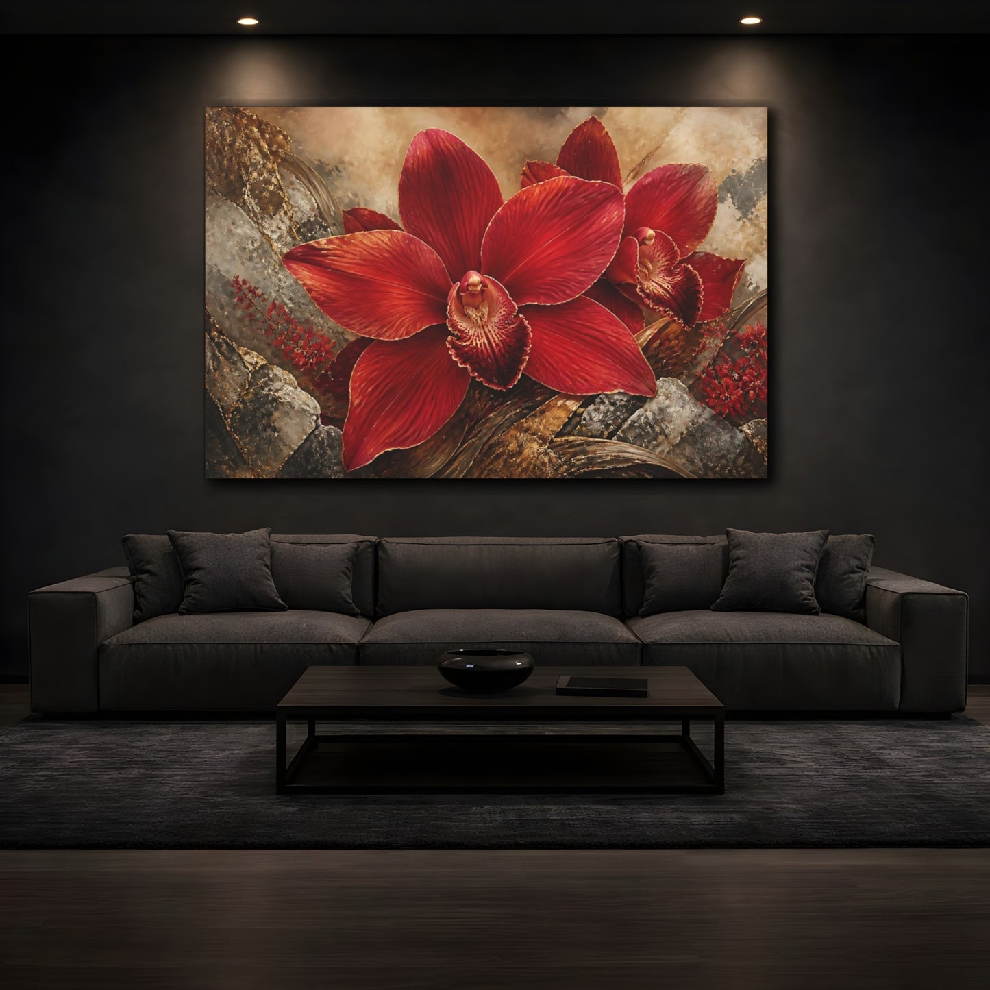 Mockup 3. Crimson Orchid On Stone shown as canvas print