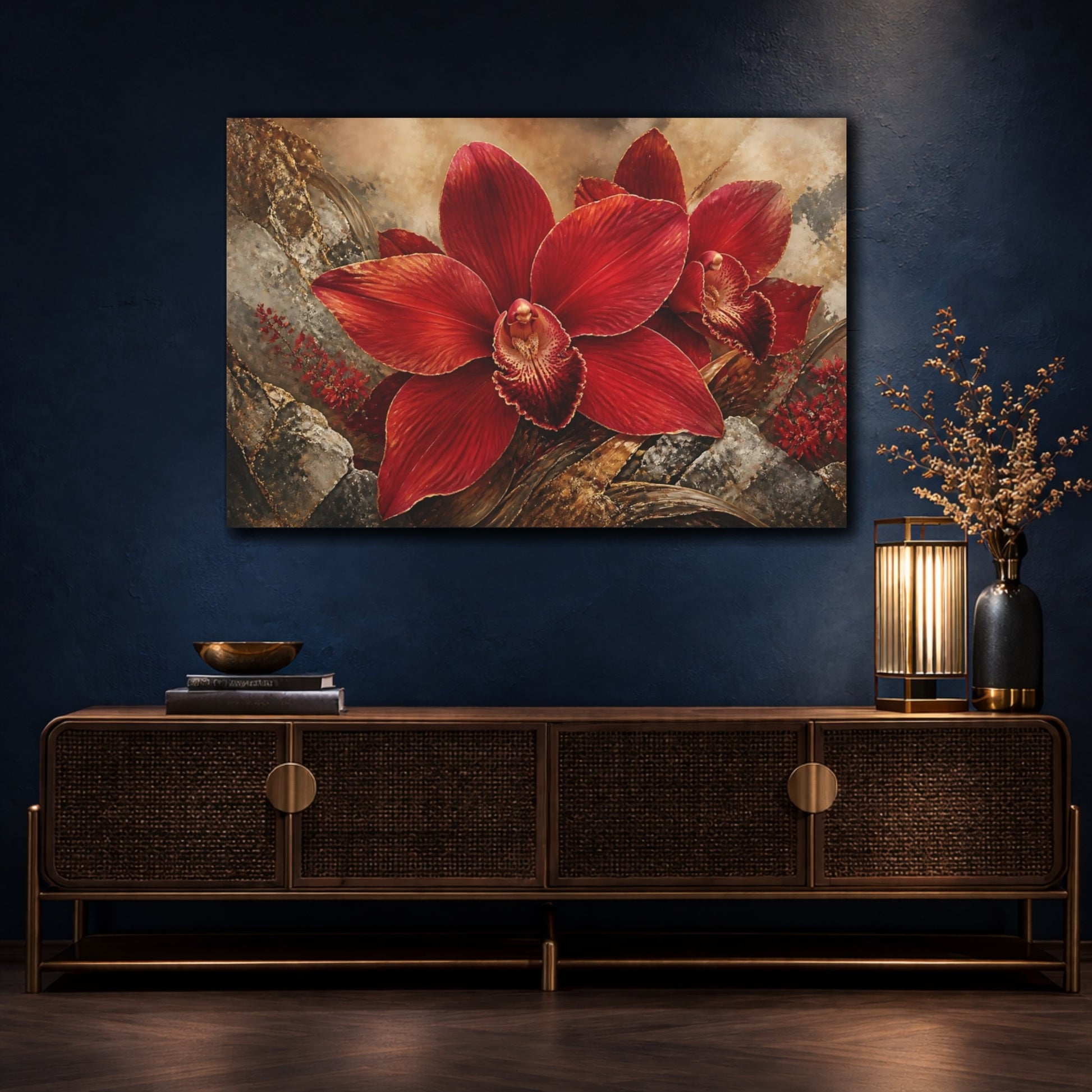 Mockup 4. Crimson Orchid On Stone shown as canvas print