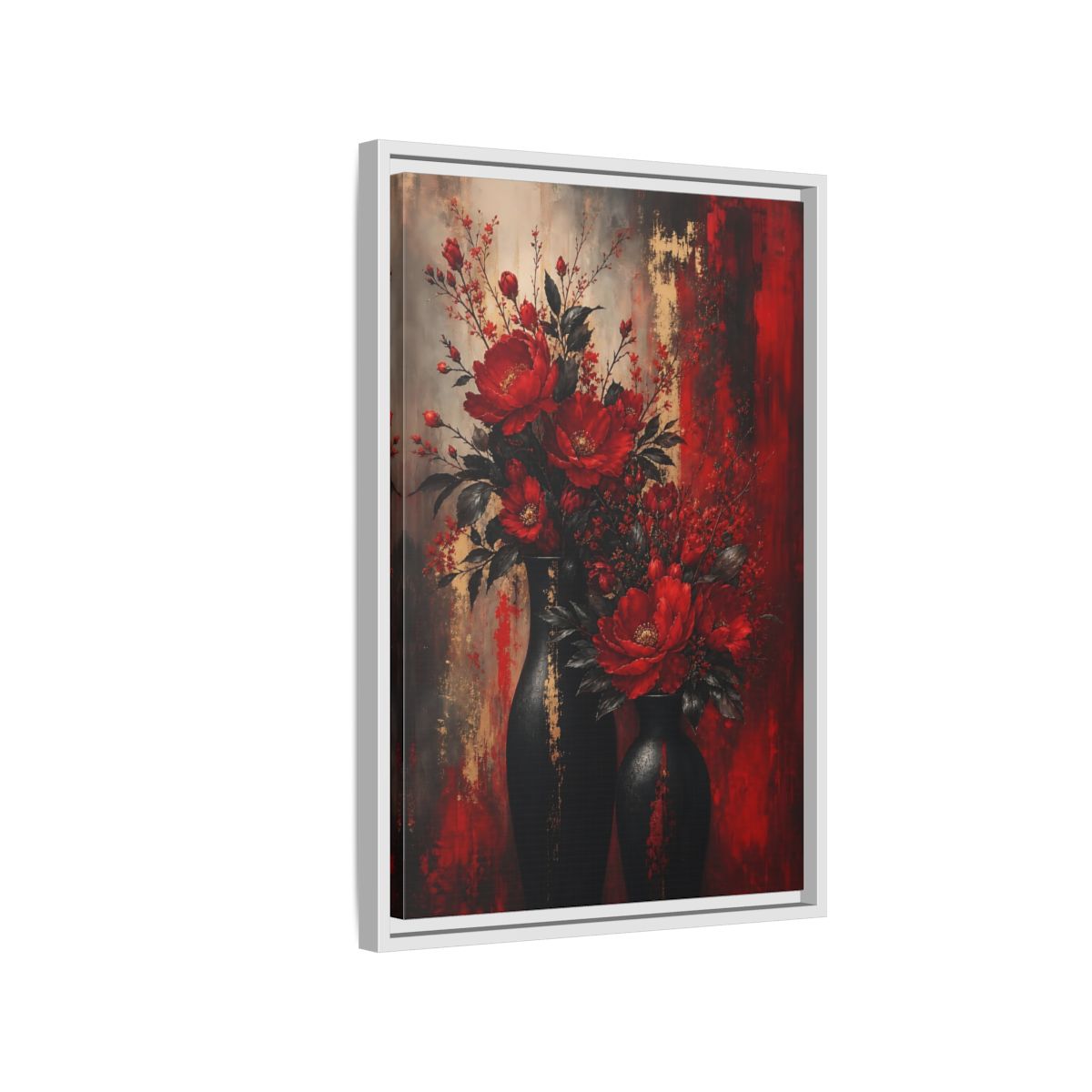 Side Mockup 1. Crimson Peony Arrangement shown as framed canvas print