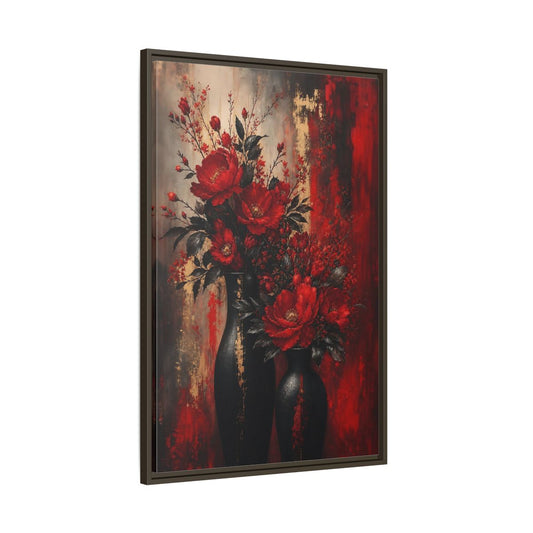 Main Mockup. Crimson Peony Arrangement shown as framed canvas print