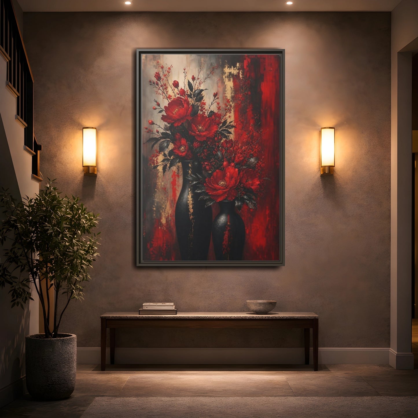 Mockup 2. Crimson Peony Arrangement shown as framed canvas print