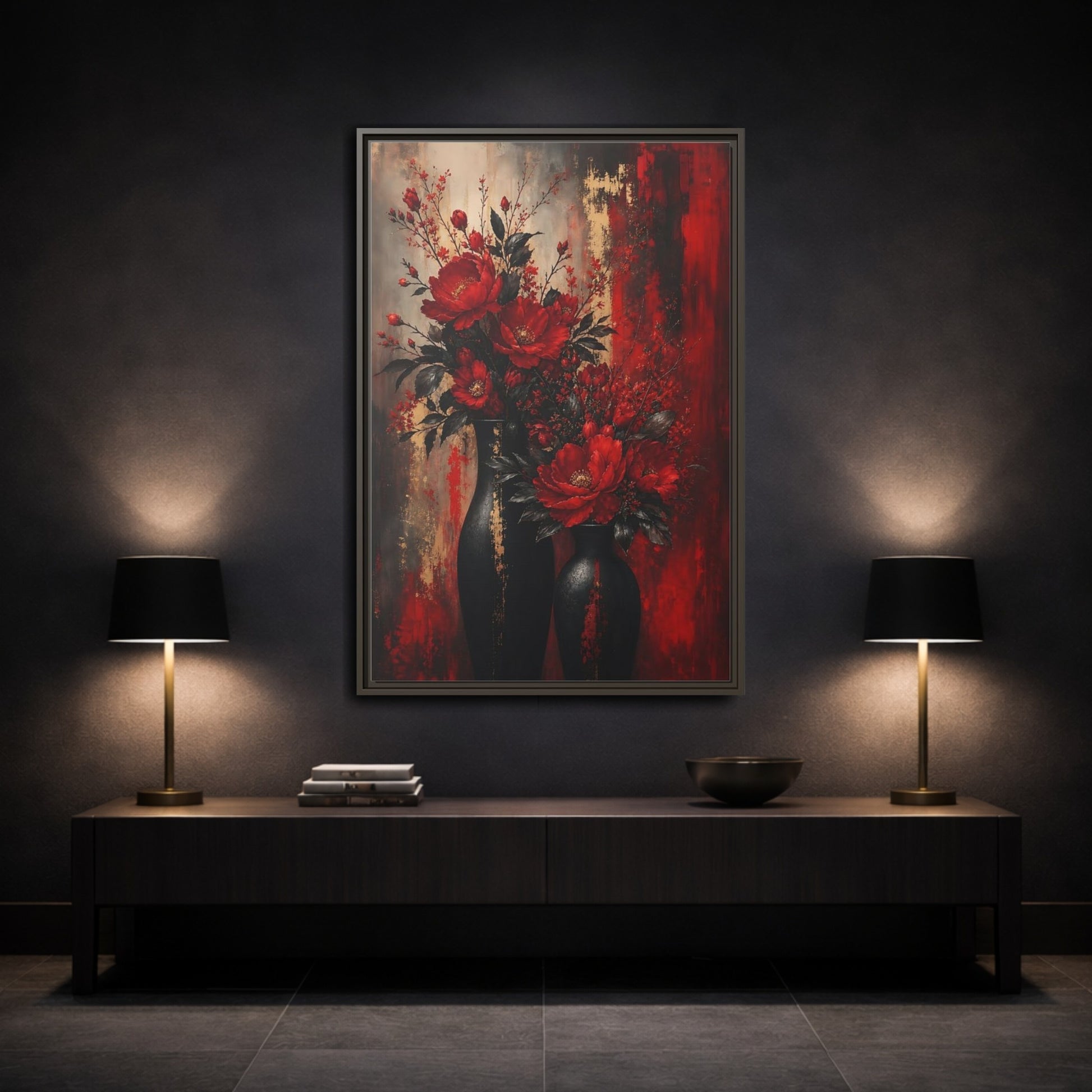 Mockup 3. Crimson Peony Arrangement shown as framed canvas print