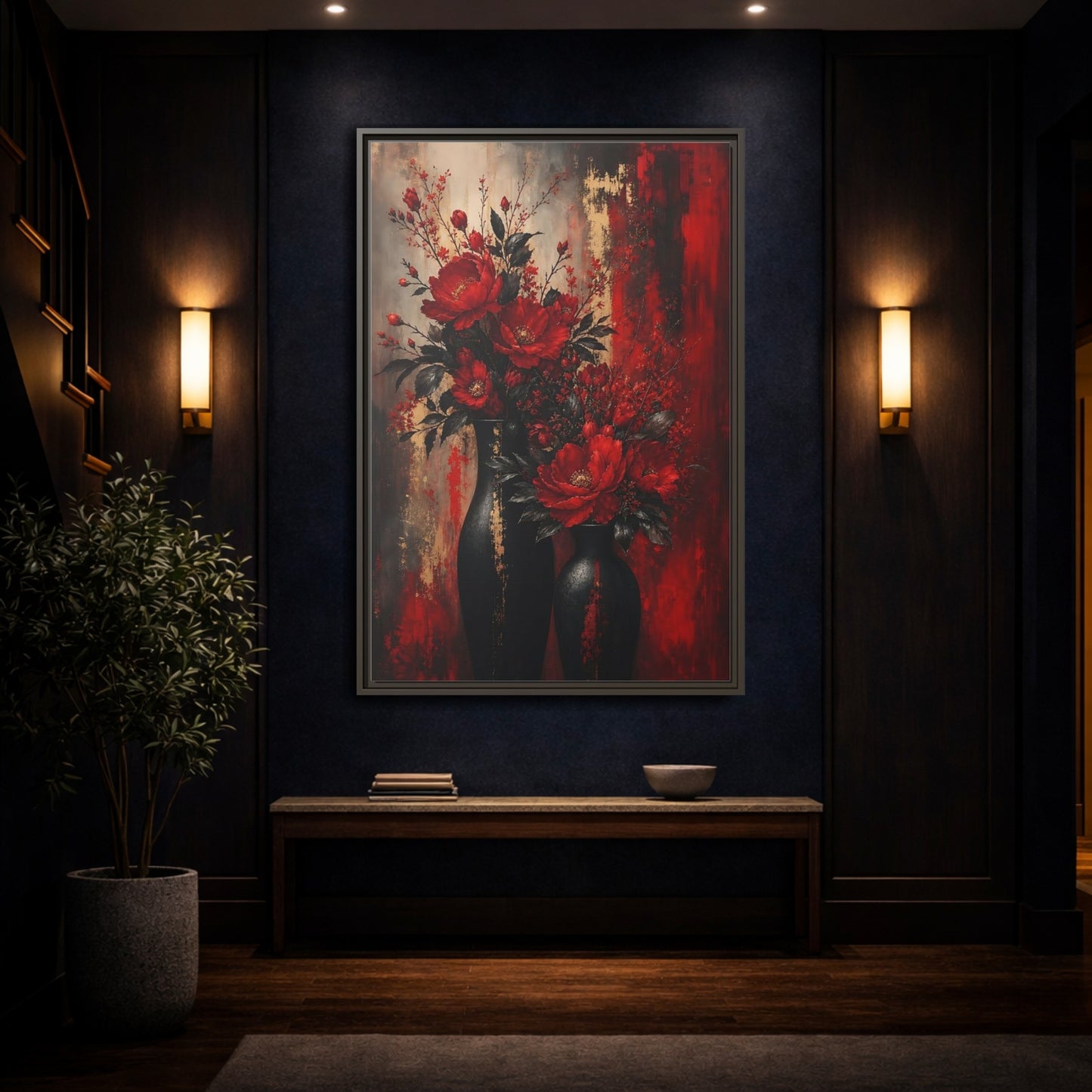Mockup 4. Crimson Peony Arrangement shown as framed canvas print