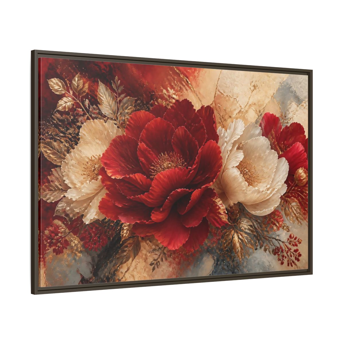 Side Mockup 8. Crimson Peony Elegance shown as framed canvas print