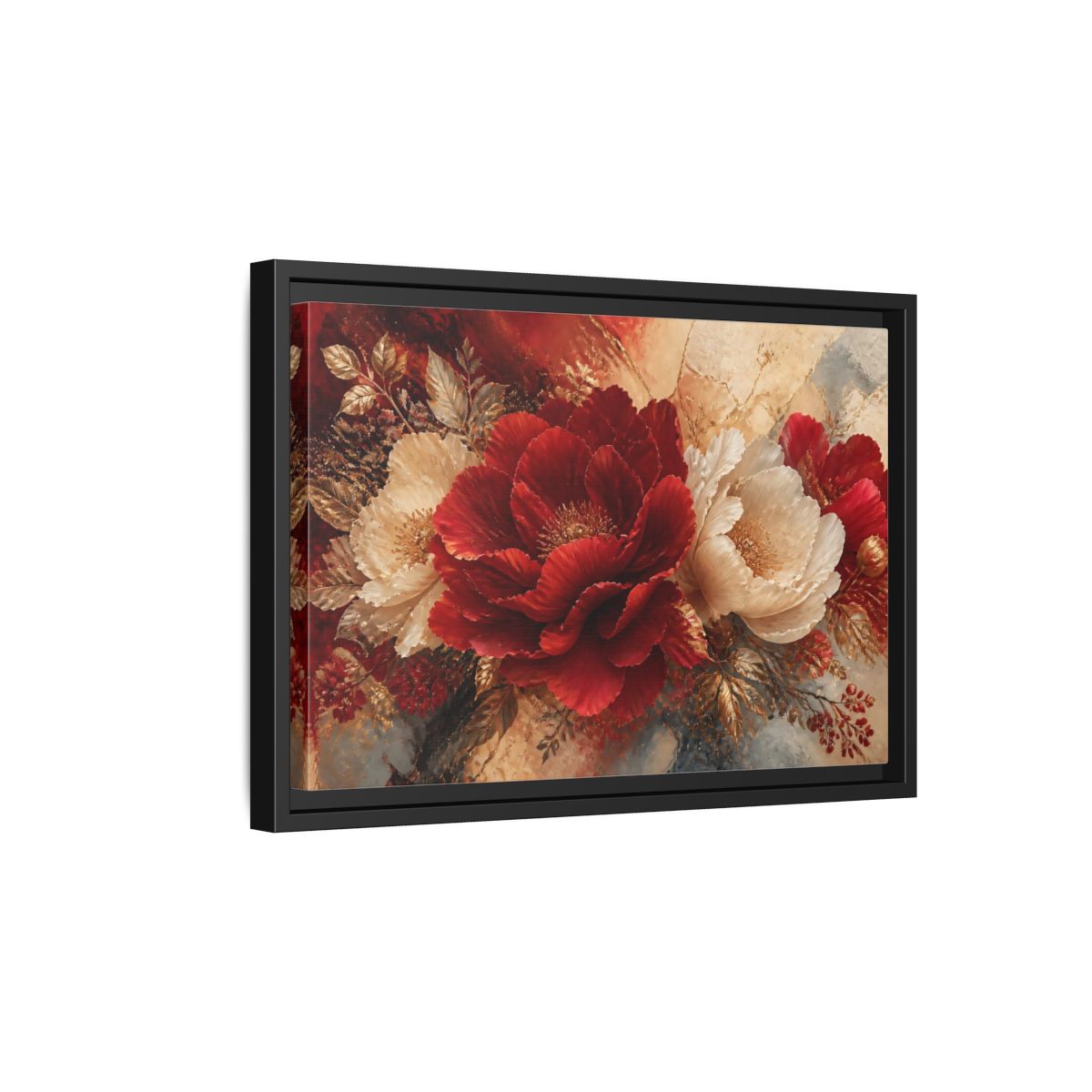Side Mockup 6. Crimson Peony Elegance shown as framed canvas print