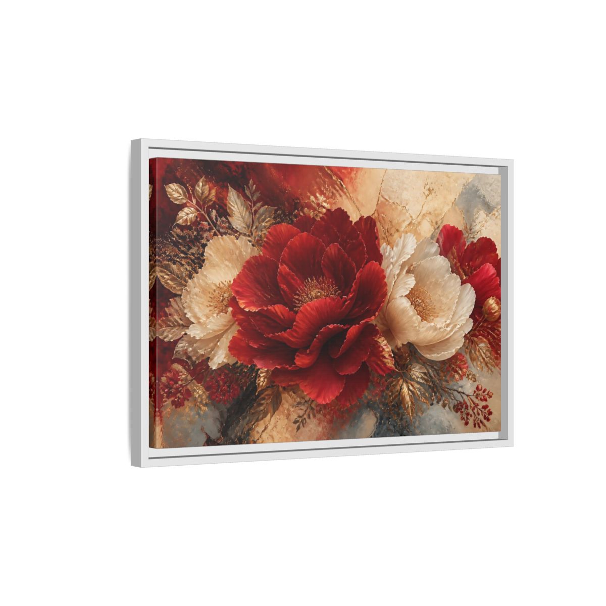 Side Mockup 1. Crimson Peony Elegance shown as framed canvas print