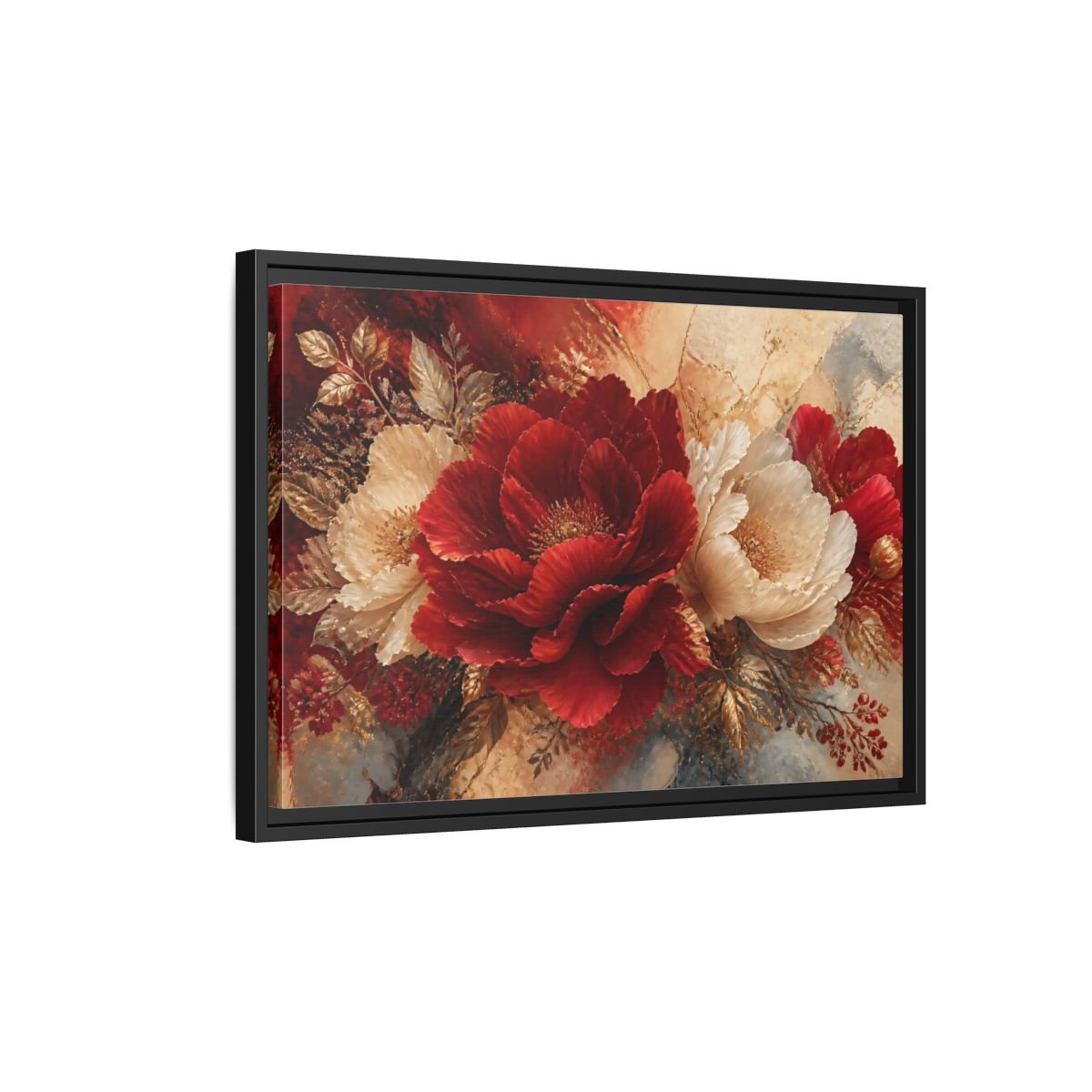 Side Mockup 3. Crimson Peony Elegance shown as framed canvas print