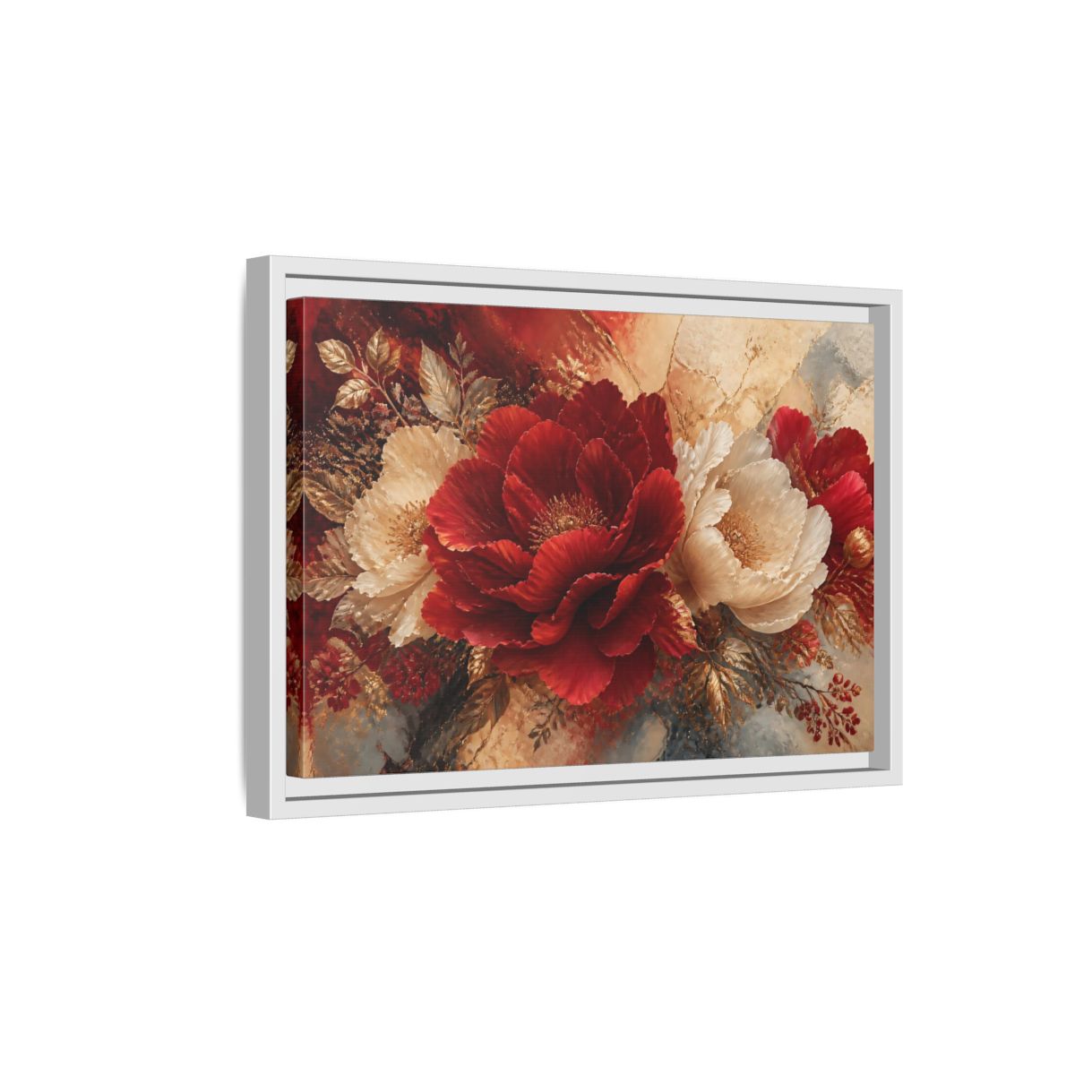 Side Mockup 4. Crimson Peony Elegance shown as framed canvas print