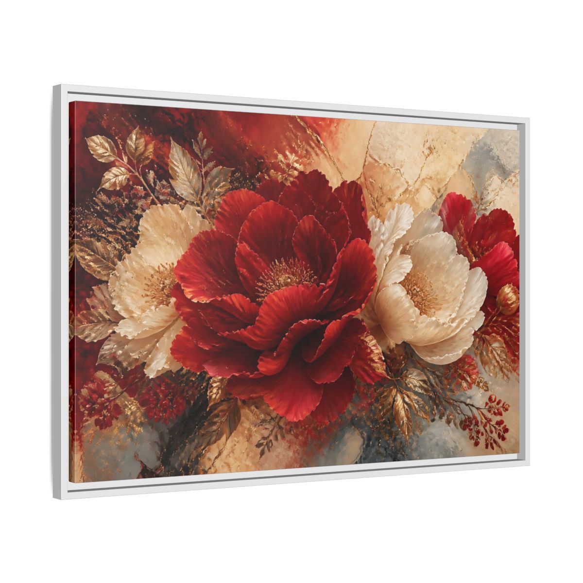 Side Mockup 9. Crimson Peony Elegance shown as framed canvas print
