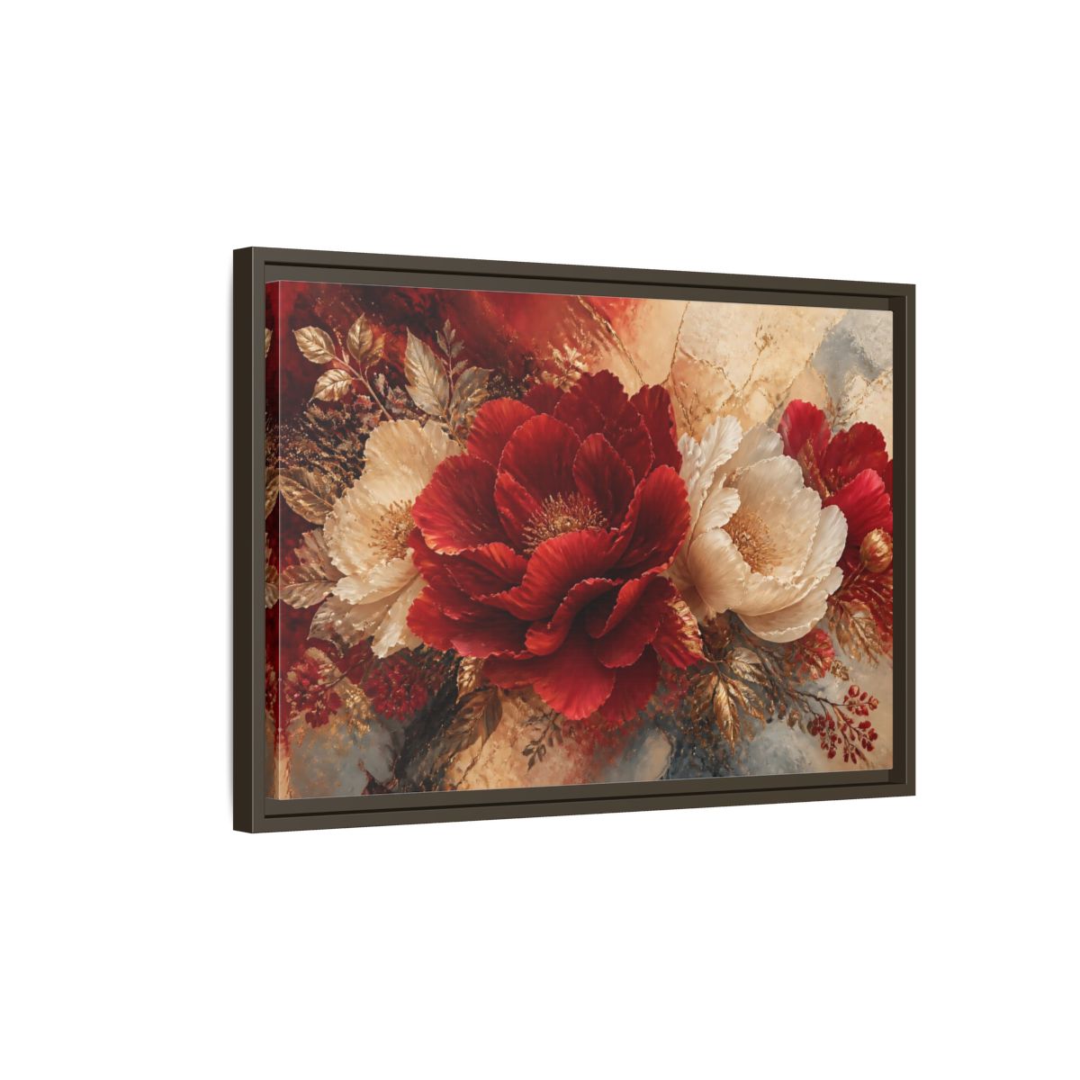 Side Mockup 2. Crimson Peony Elegance shown as framed canvas print