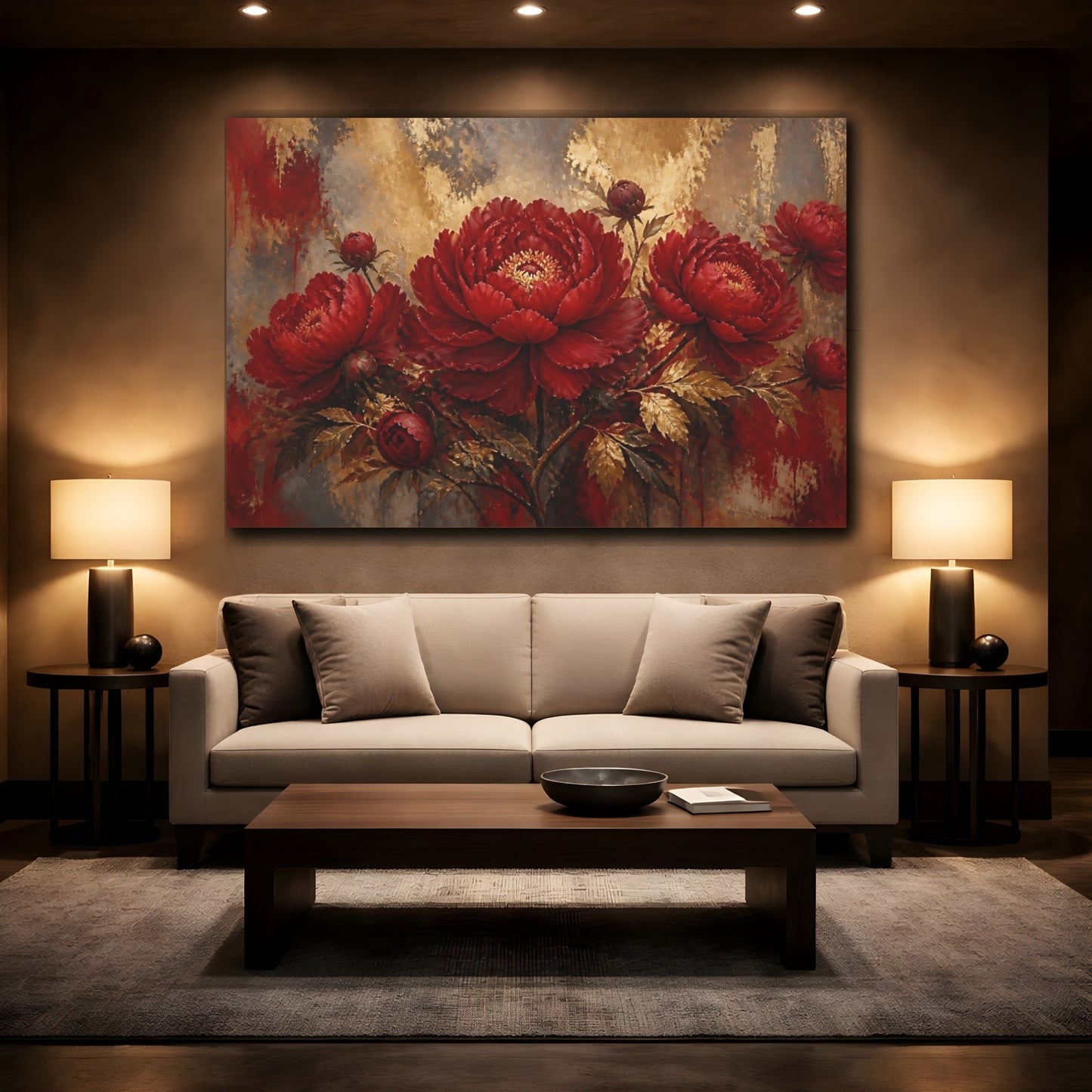 Mockup 2. Crimson Peony Elegance shown as canvas print