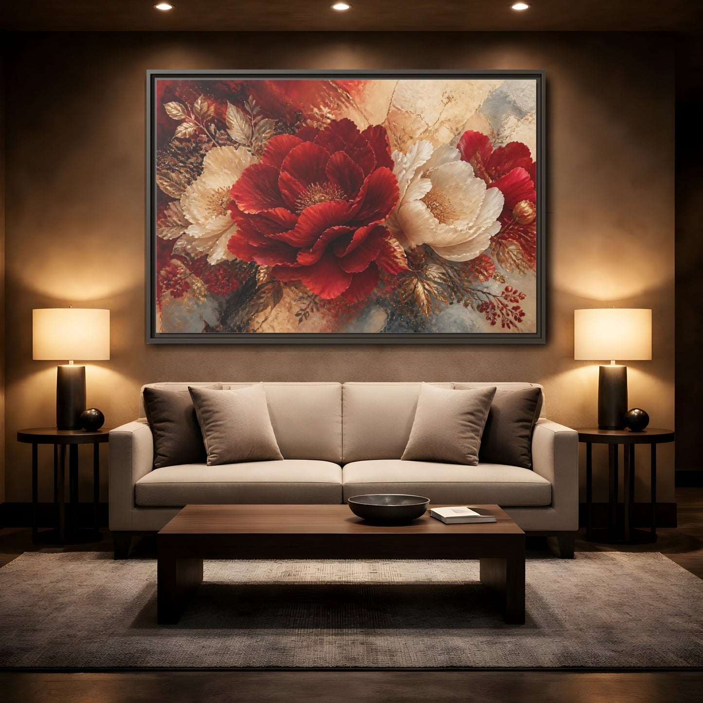 Mockup 2. Crimson Peony Elegance shown as framed canvas print