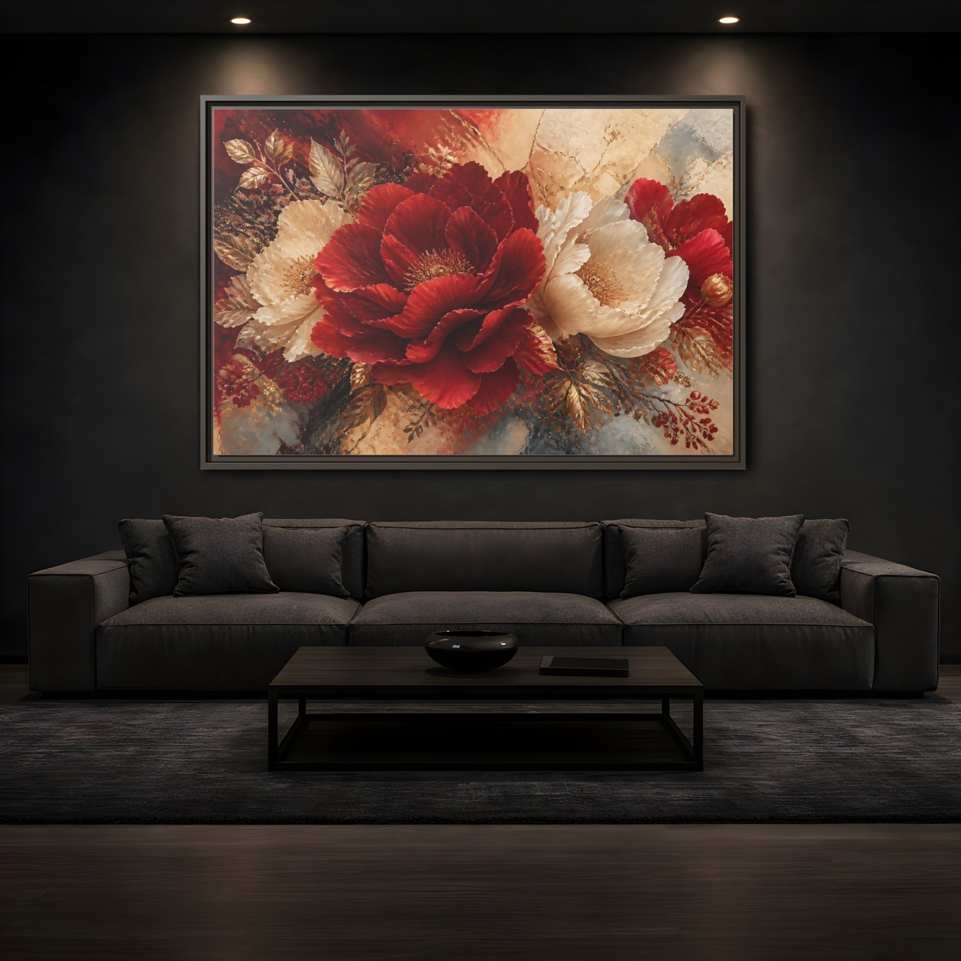 Mockup 3. Crimson Peony Elegance shown as framed canvas print