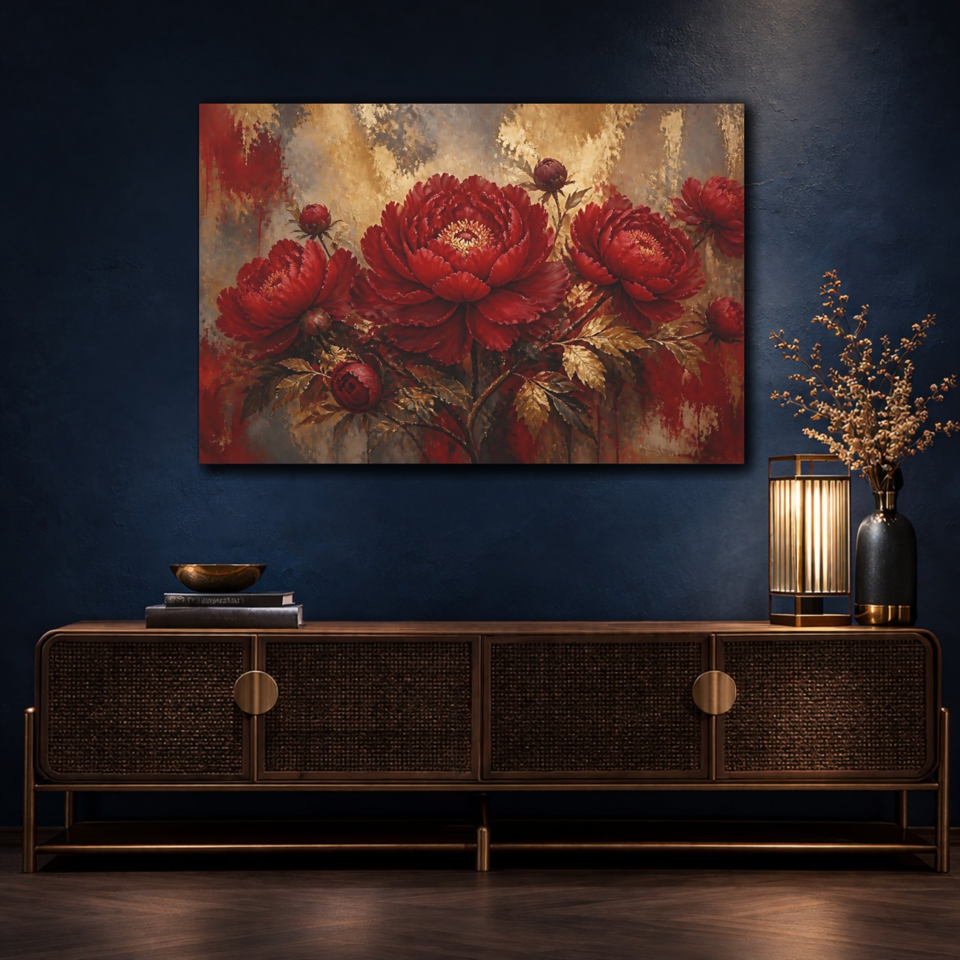 Mockup 4. Crimson Peony Elegance shown as canvas print