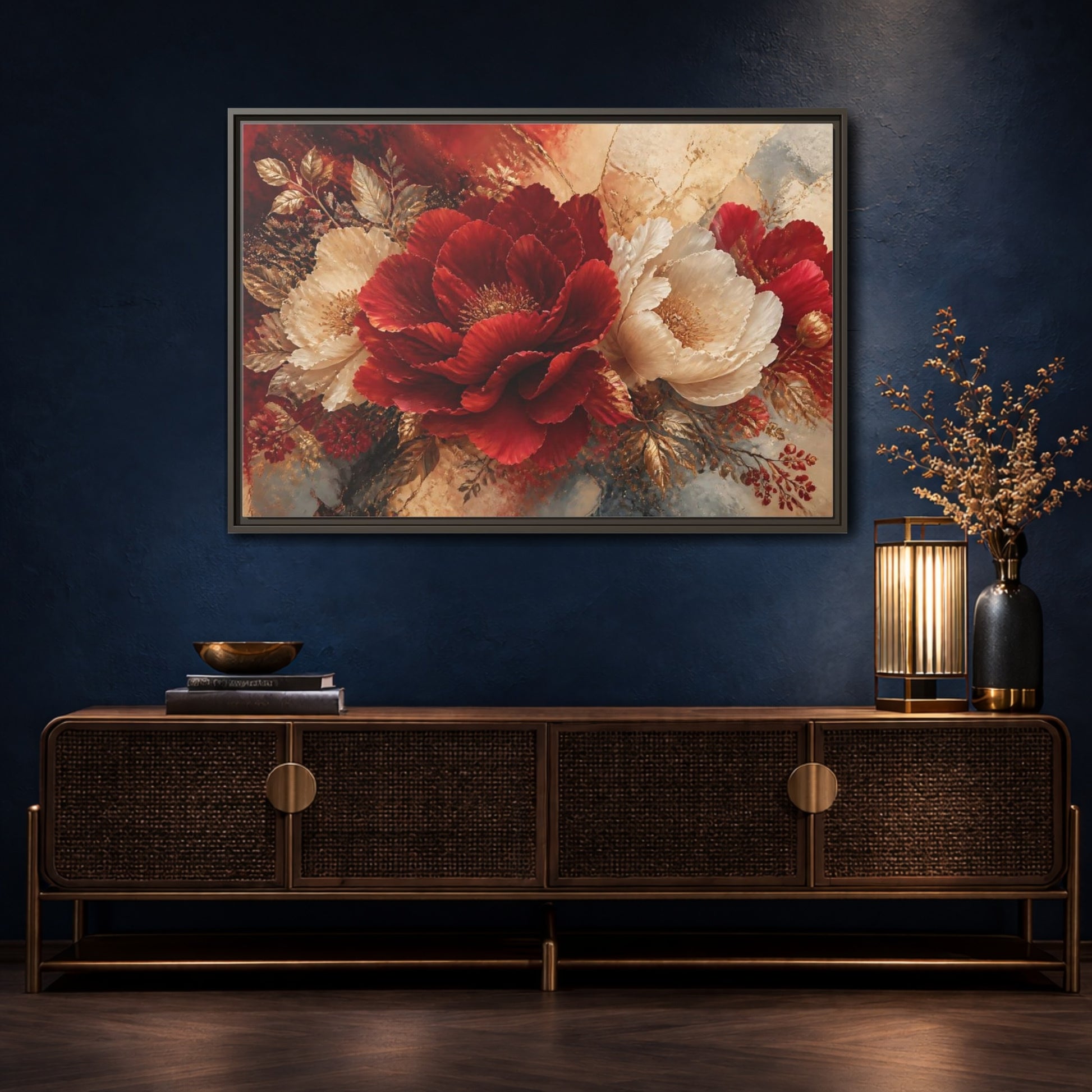 Mockup 4. Crimson Peony Elegance shown as framed canvas print