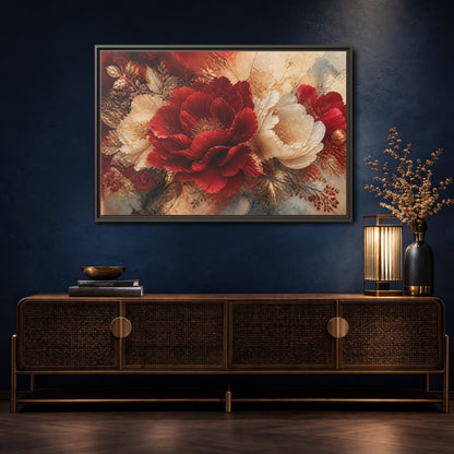 Mockup 4. Crimson Peony Elegance shown as framed canvas print