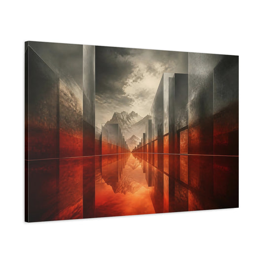 Main Mockup. Crimson Reflection Corridor shown as canvas print