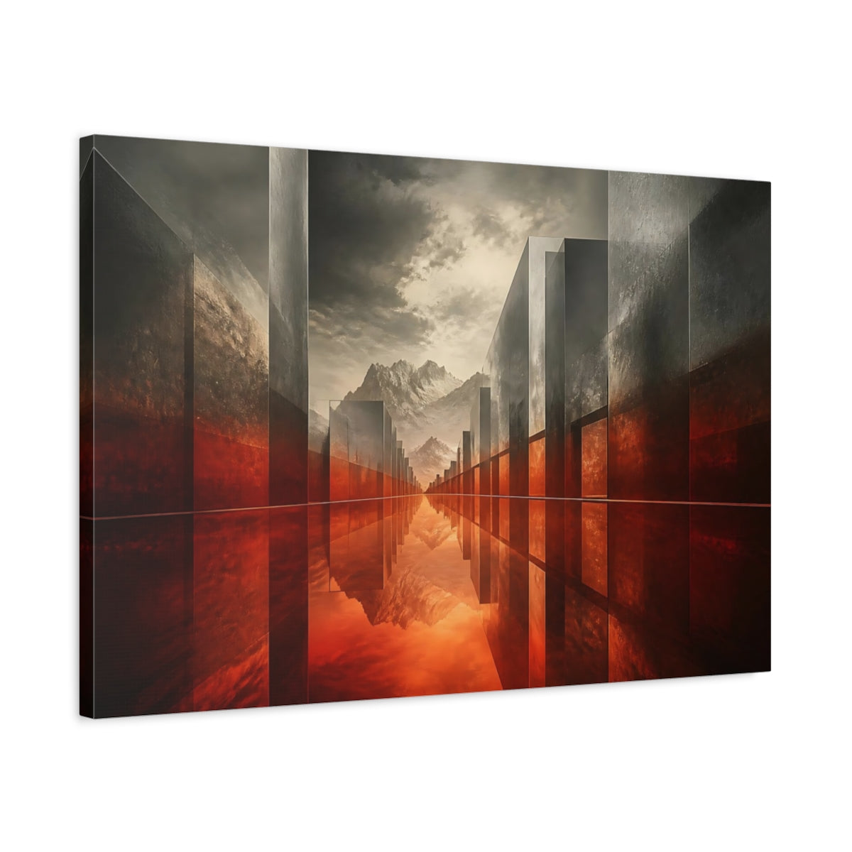 Side Mockup 2. Crimson Reflection Corridor shown as canvas print