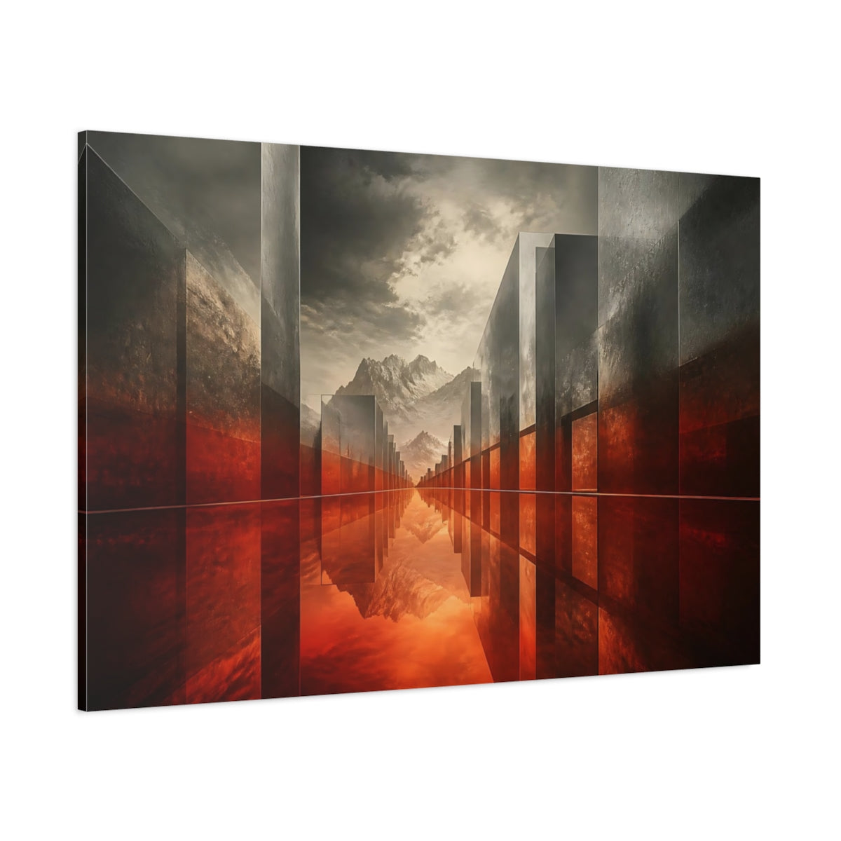 Side Mockup 1. Crimson Reflection Corridor shown as canvas print