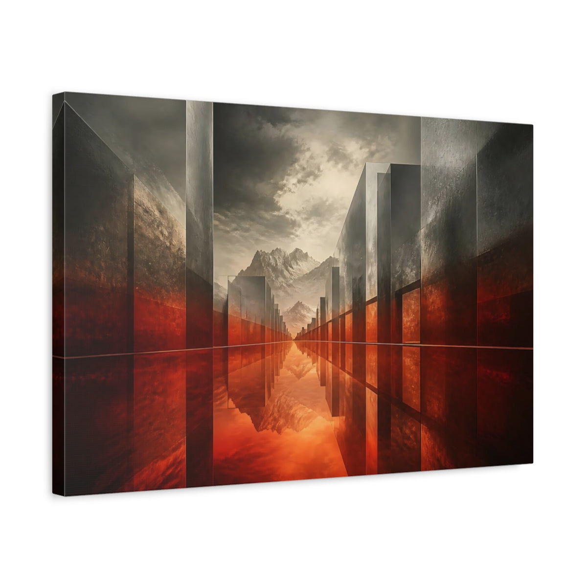 Side Mockup 3. Crimson Reflection Corridor shown as canvas print