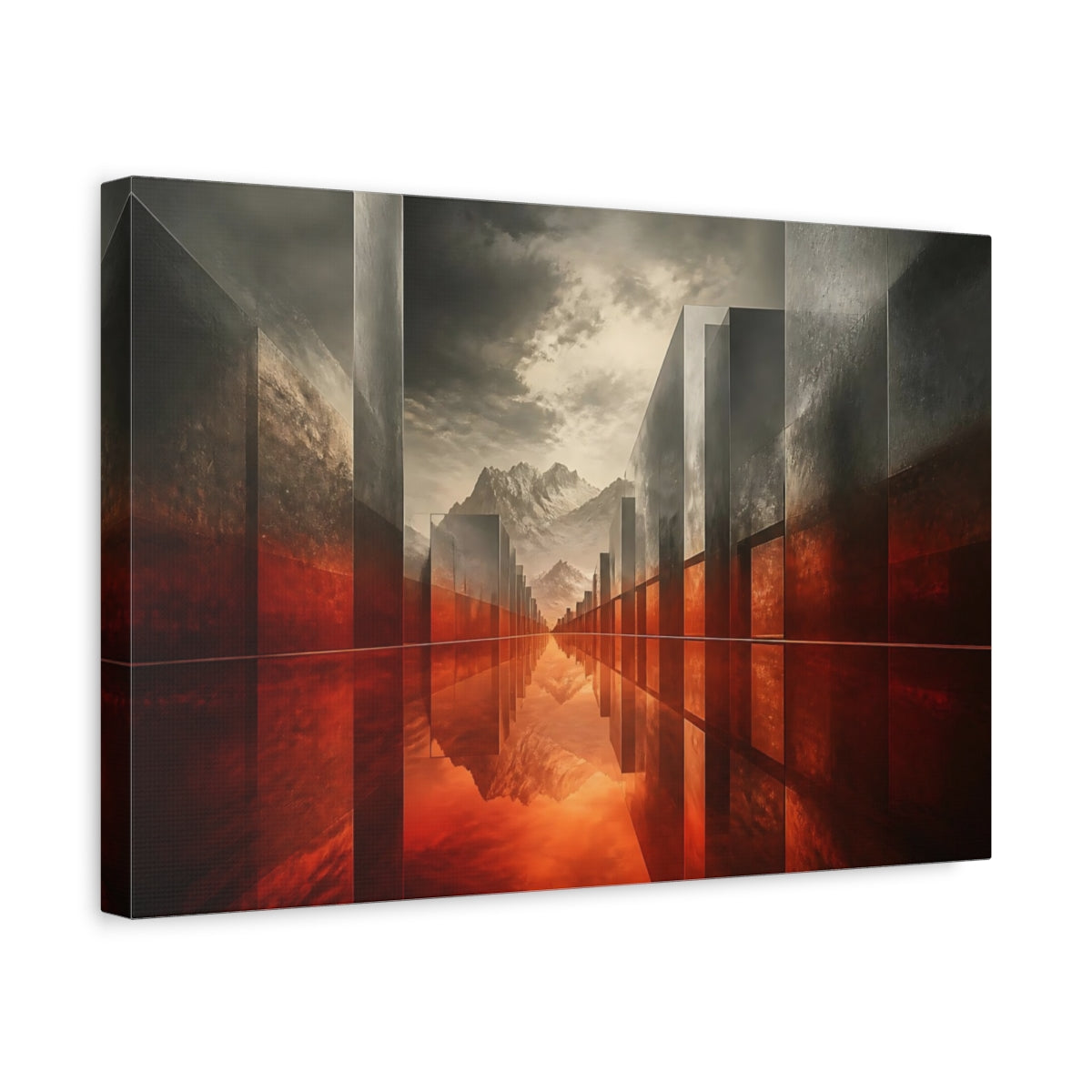 Side Mockup 4. Crimson Reflection Corridor shown as canvas print