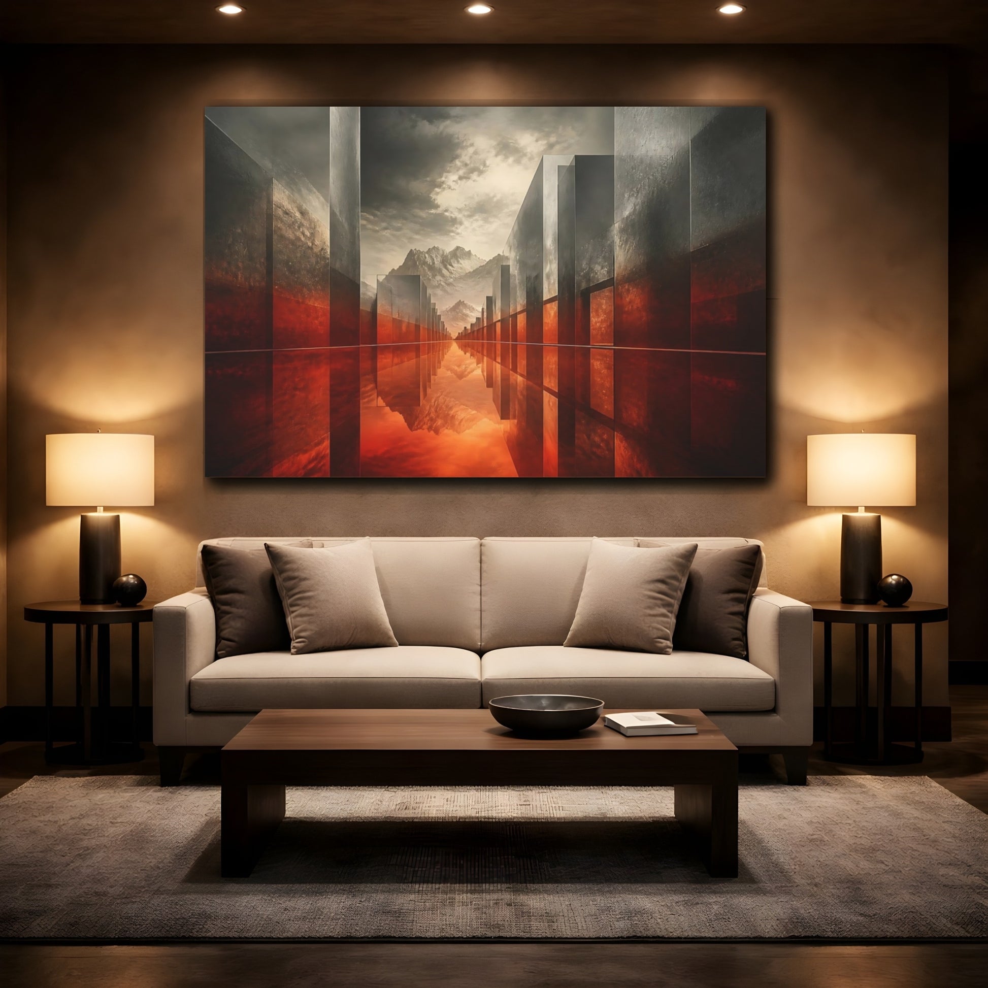 Mockup 2. Crimson Reflection Corridor shown as canvas print